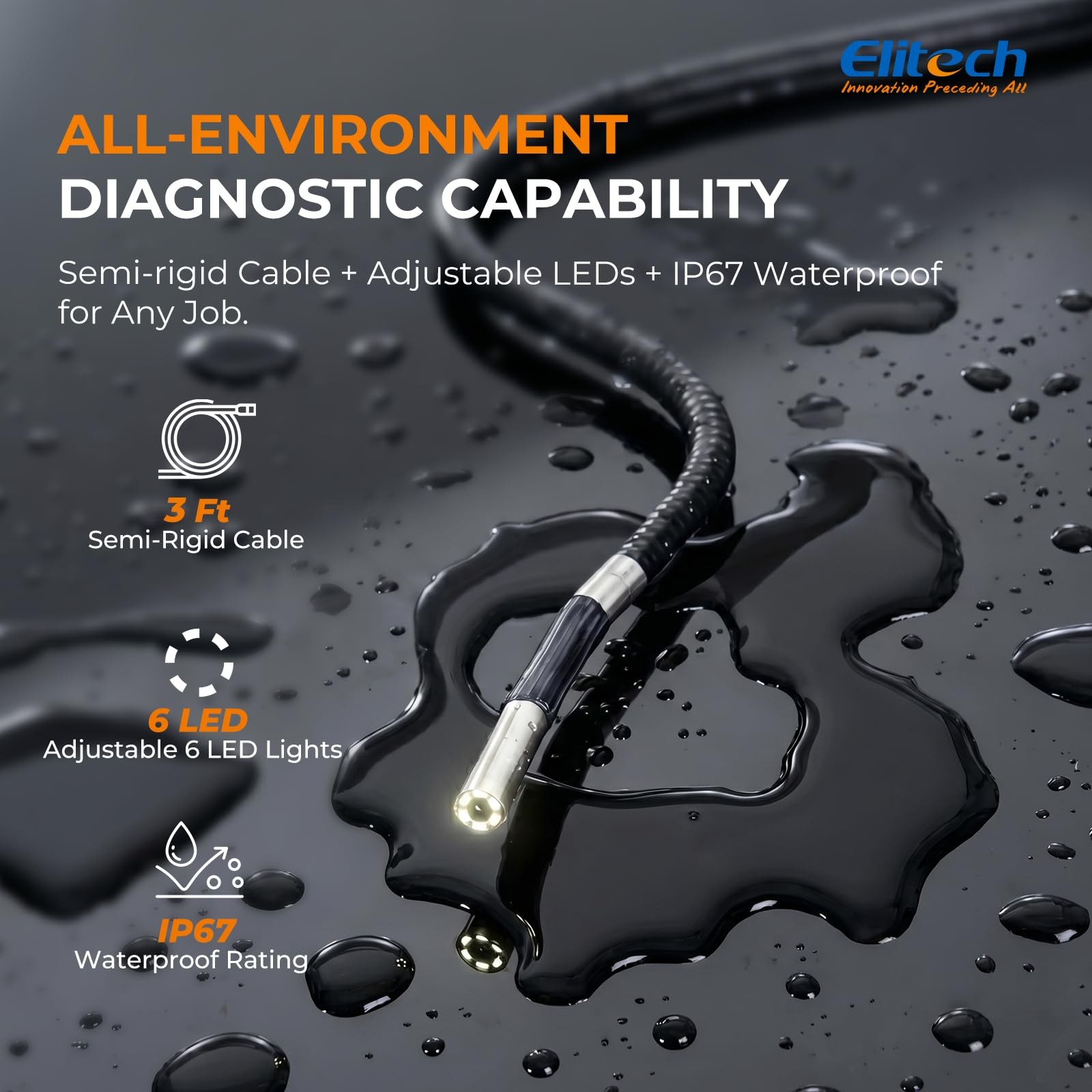 Elitech Articulating Borescope with Light, 6mm/0.24in Inspection Camera