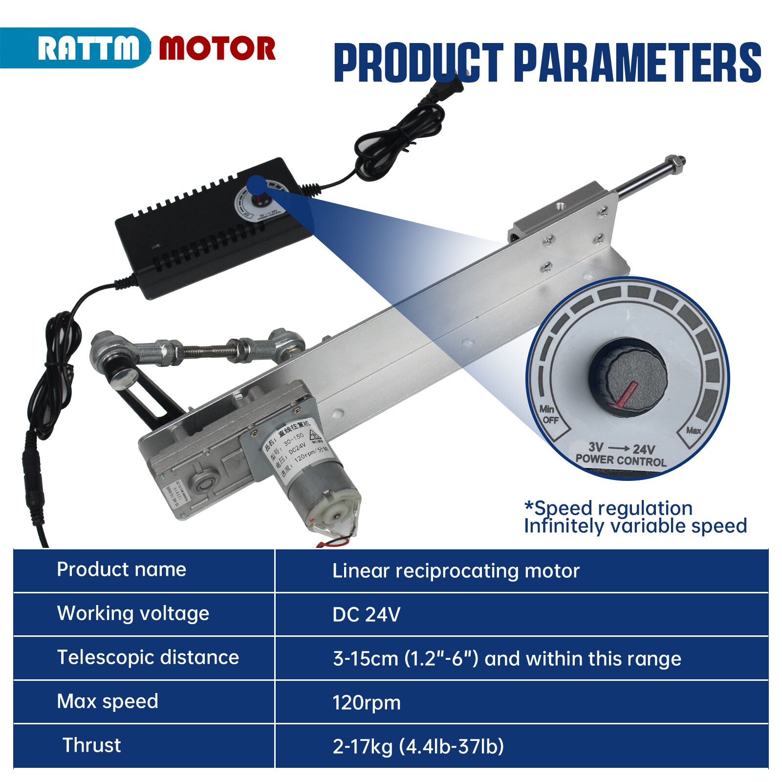 Linear Actuator Reciprocating Motor Variable speed Stroke 80mm/150mm 24V 120RPM