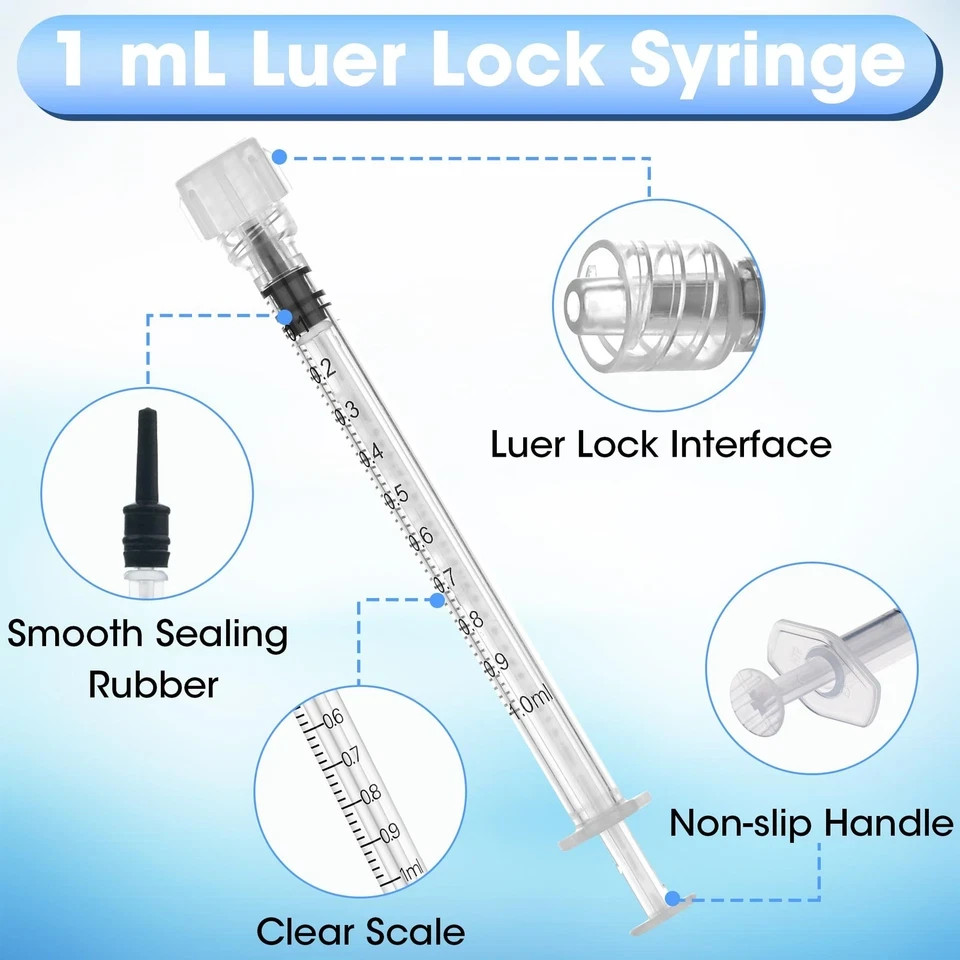 100 Pack Bag 1ml/cc Luer Lock Syringe with Caps, Plastic 1 mL, clear