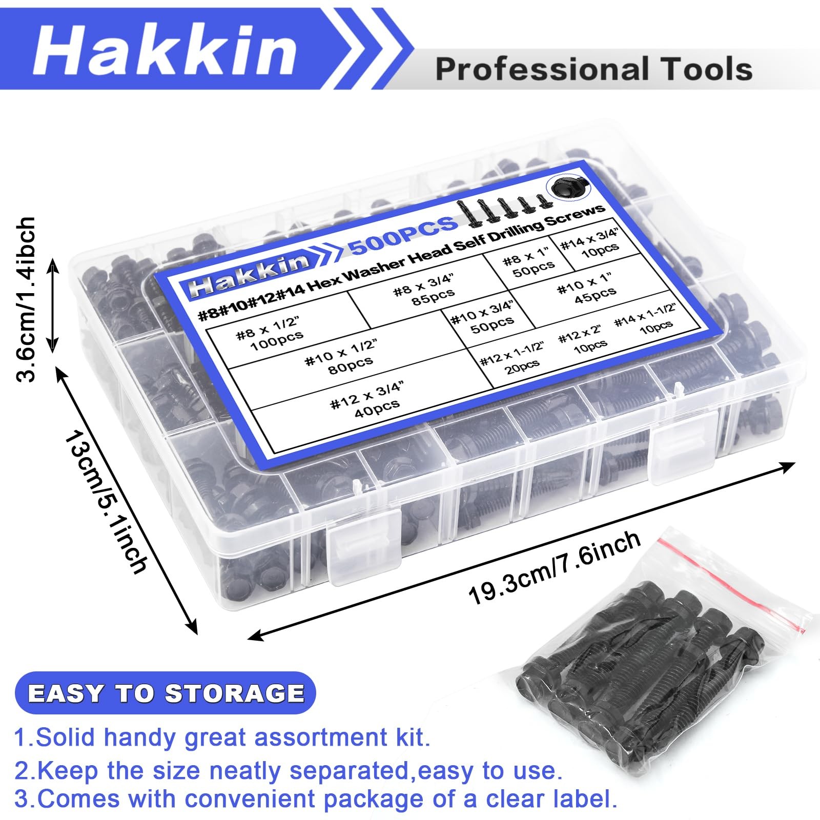 593Pcs Hex Washer Head Self-Drilling Screws, #8#10#12#14 Self Tapping Screws Ass