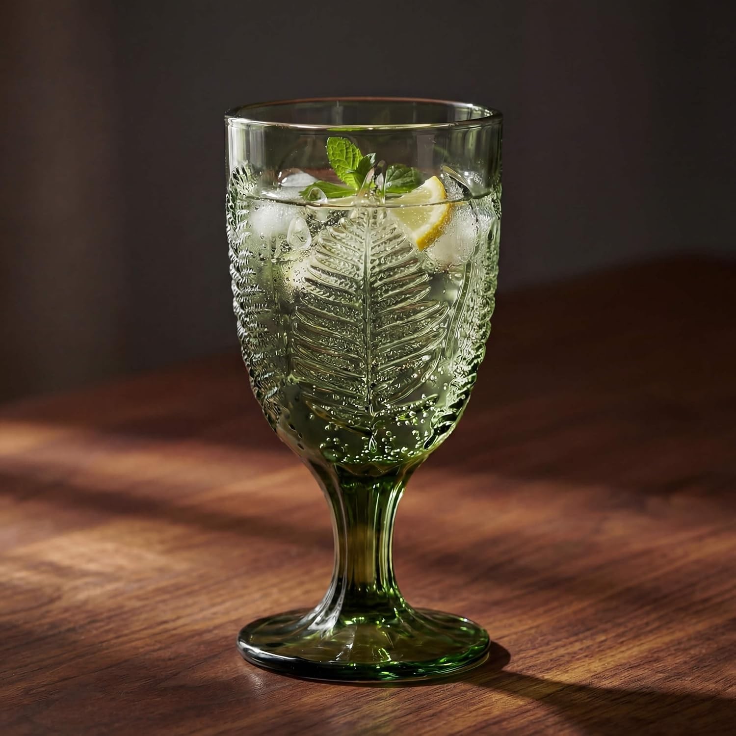 Vintage Green Stemmed Goblets Set of 4, Fern Embossed Textured Glass Wine