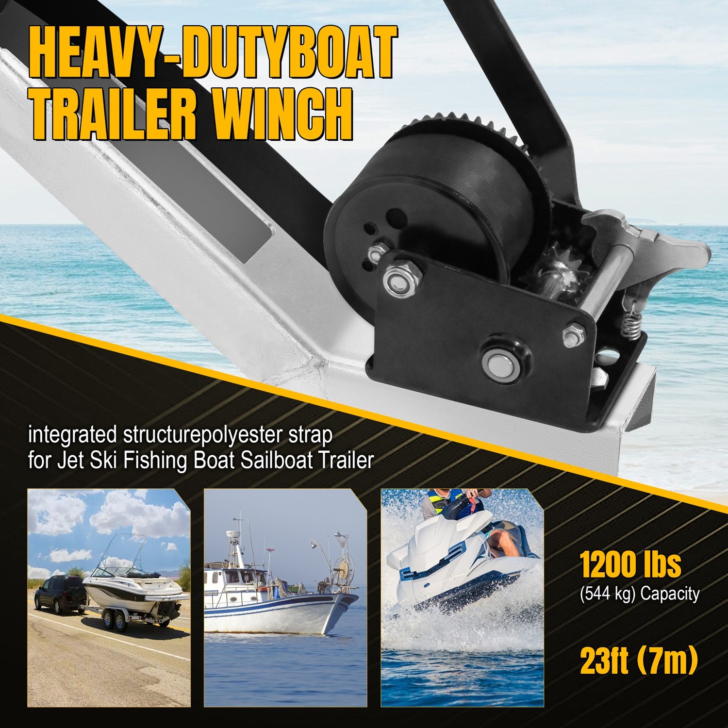 2 Boat Winch 1200lbs Hand Winch Heavy Duty Hand Crank w/ 23ft Strap for Boat/ATV