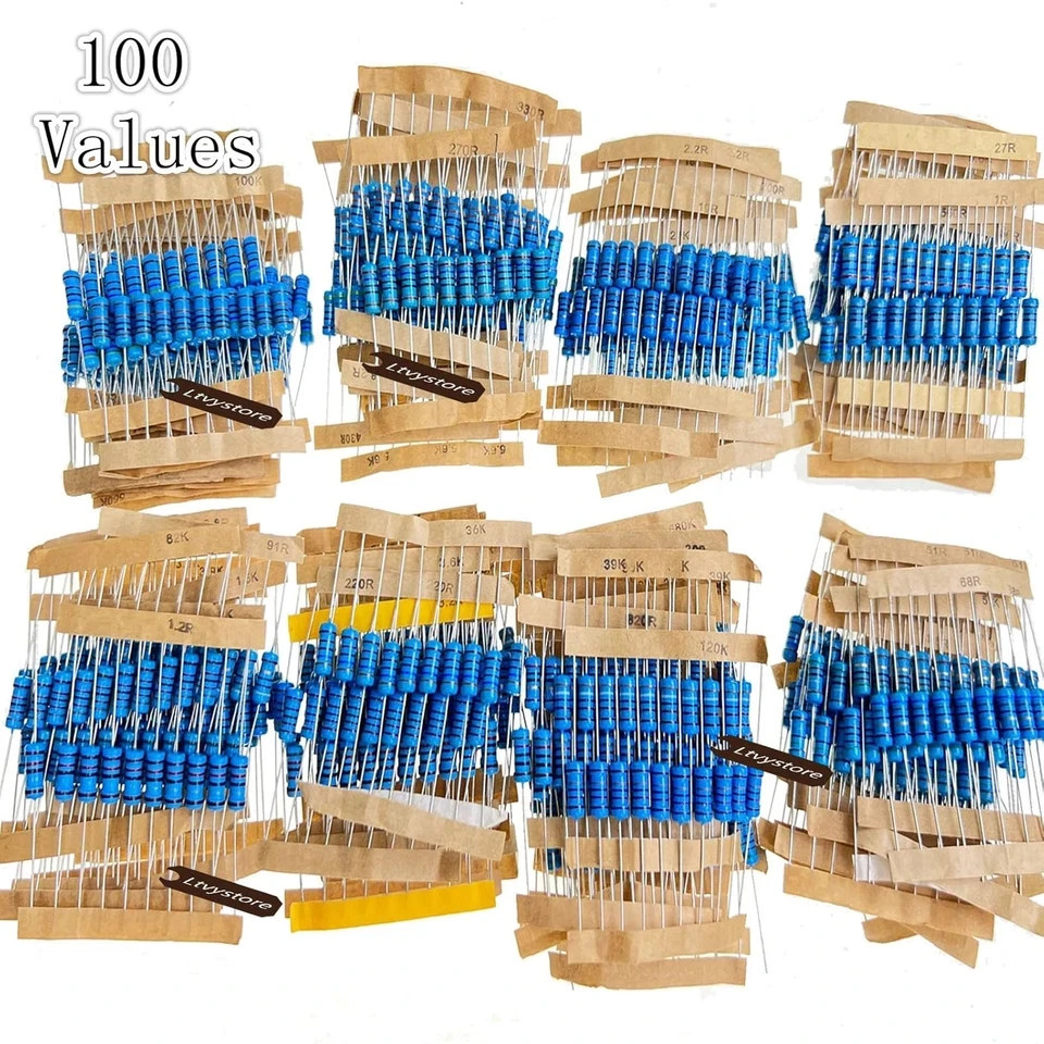 1W Resistors Kit, 1000Pcs 100 Values Resistor Assortment Metal Film, 1 Ohm – 1M