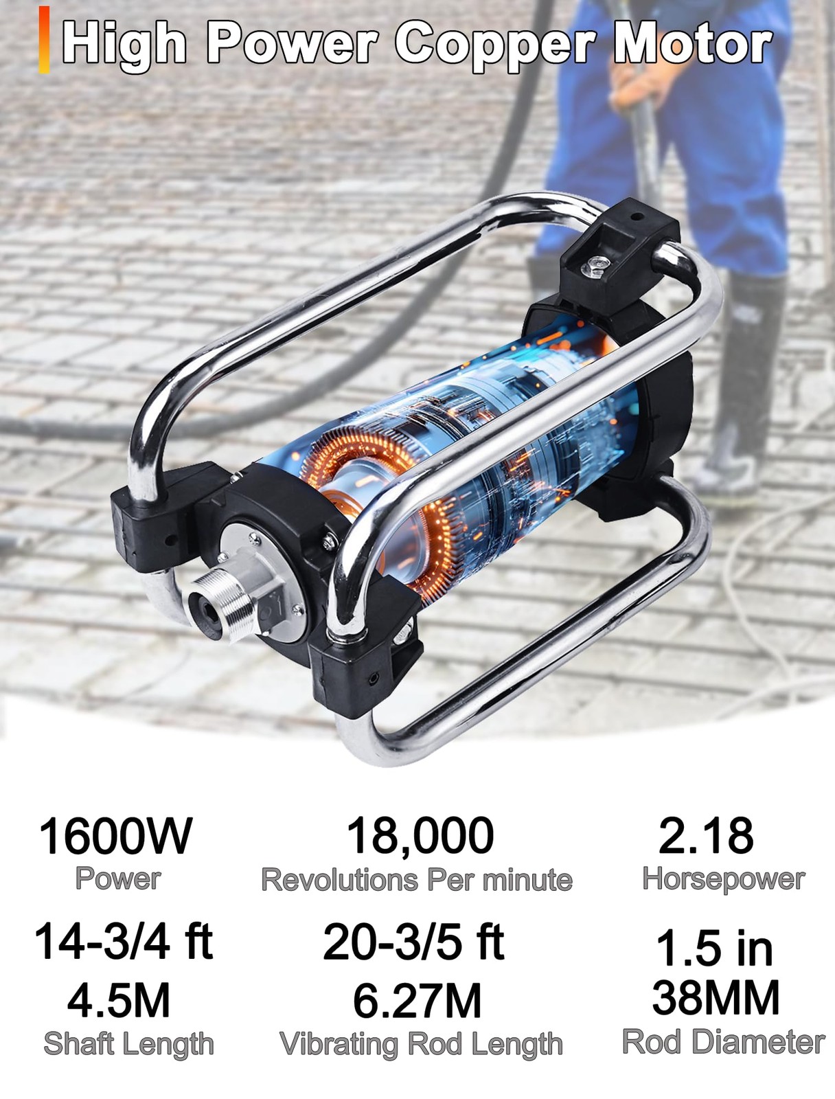 BIZOEPRO Concrete Vibrator, 1600W 2HP 18000RPM, 14-3/4ft Flexible Shaft, Elec…