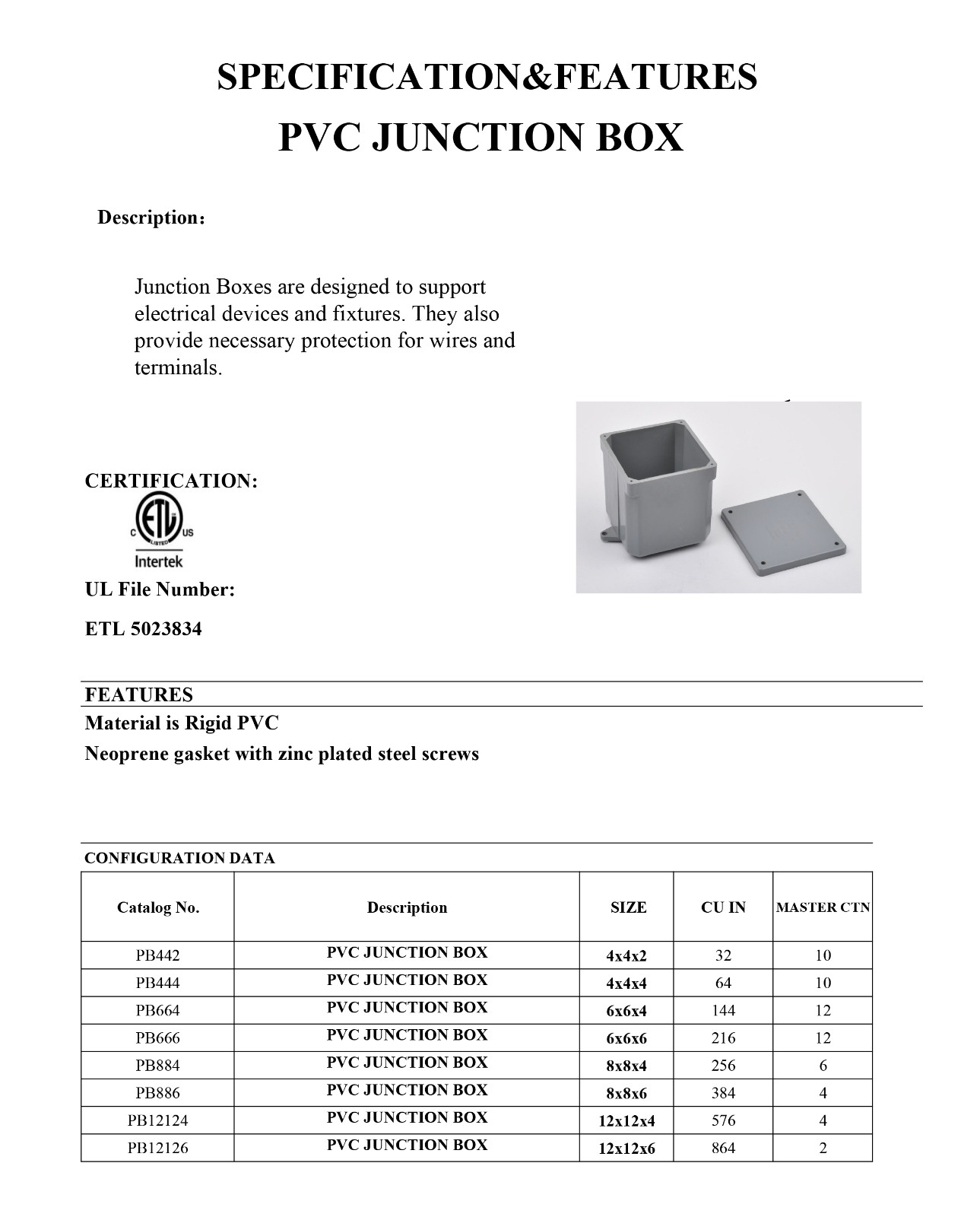 PVC Junction Box 4x4x4 ETL Electrical Wire Enclosure NEMA Rated Indoor Outdoor