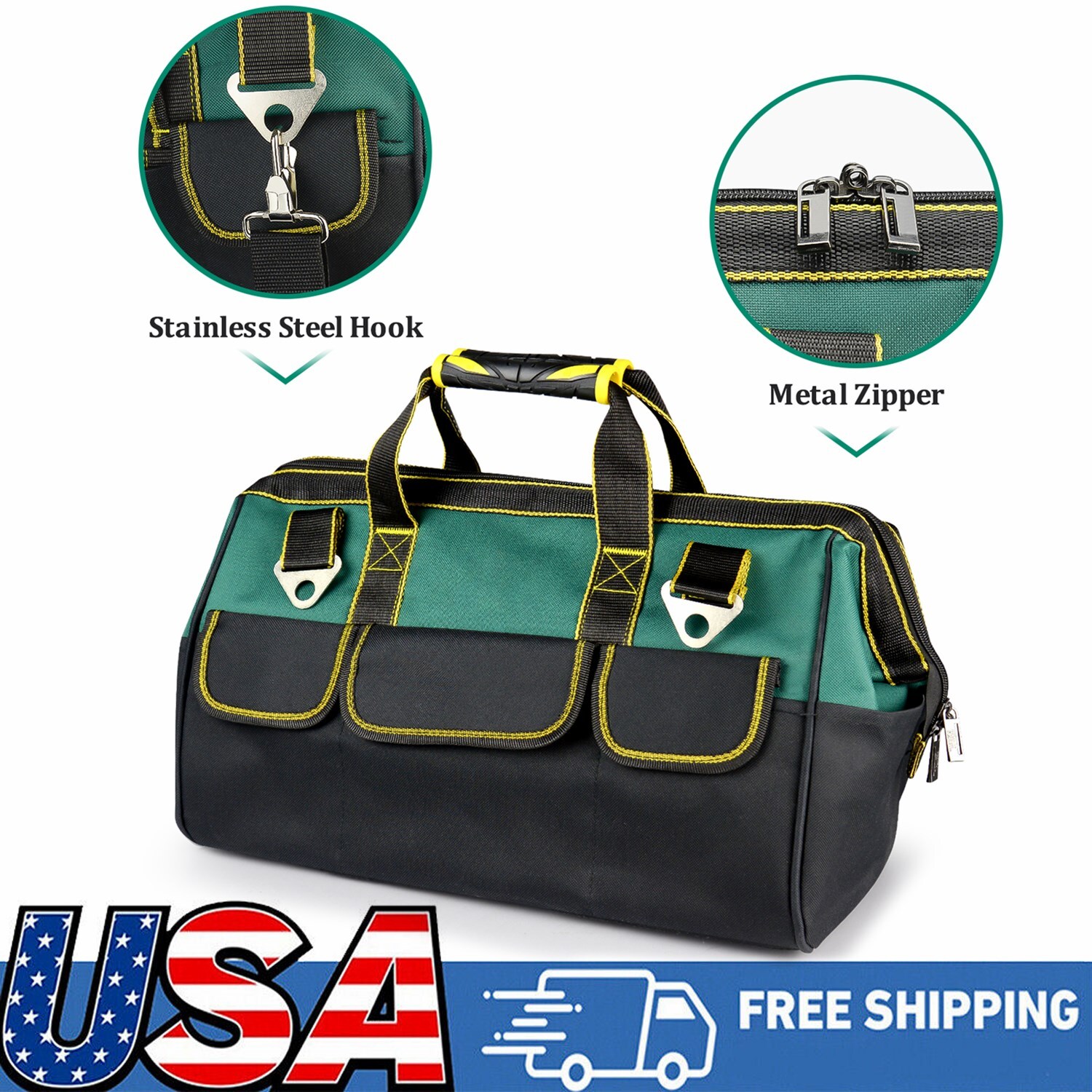 17″ Wide Mouth Tool Bag Case Heavy Duty Tote Storage +14 Pouches &Shoulder Strap