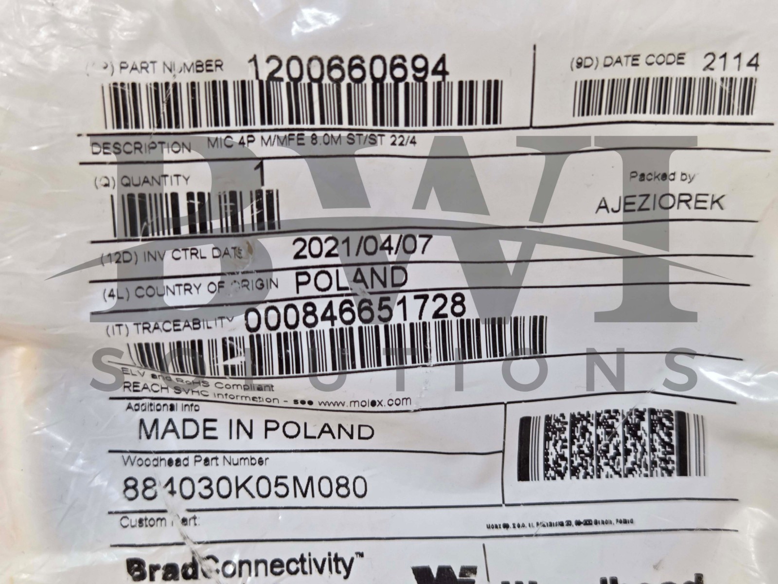SEALED Brad Connectivity Molex 1200660694 8M Cordset 884030K05M080 Lot of 3