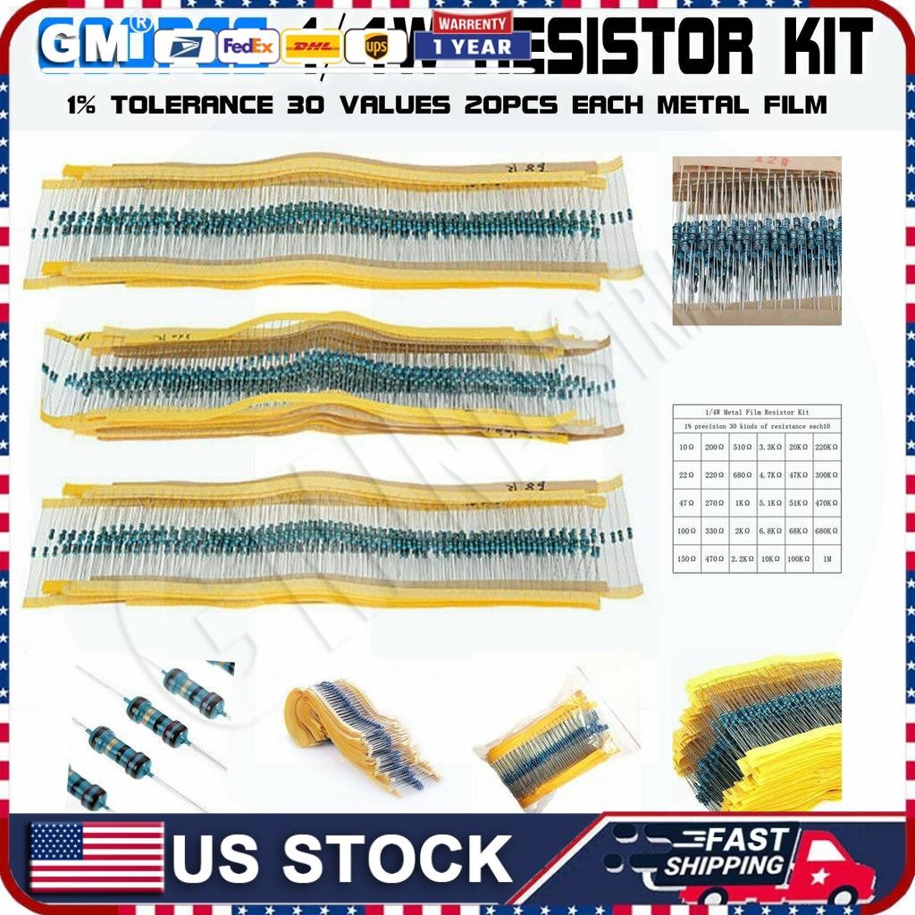 600pcs 30 Values 1/4W Metal Film Resistors Resistance Assortment Kit Set 1% USA