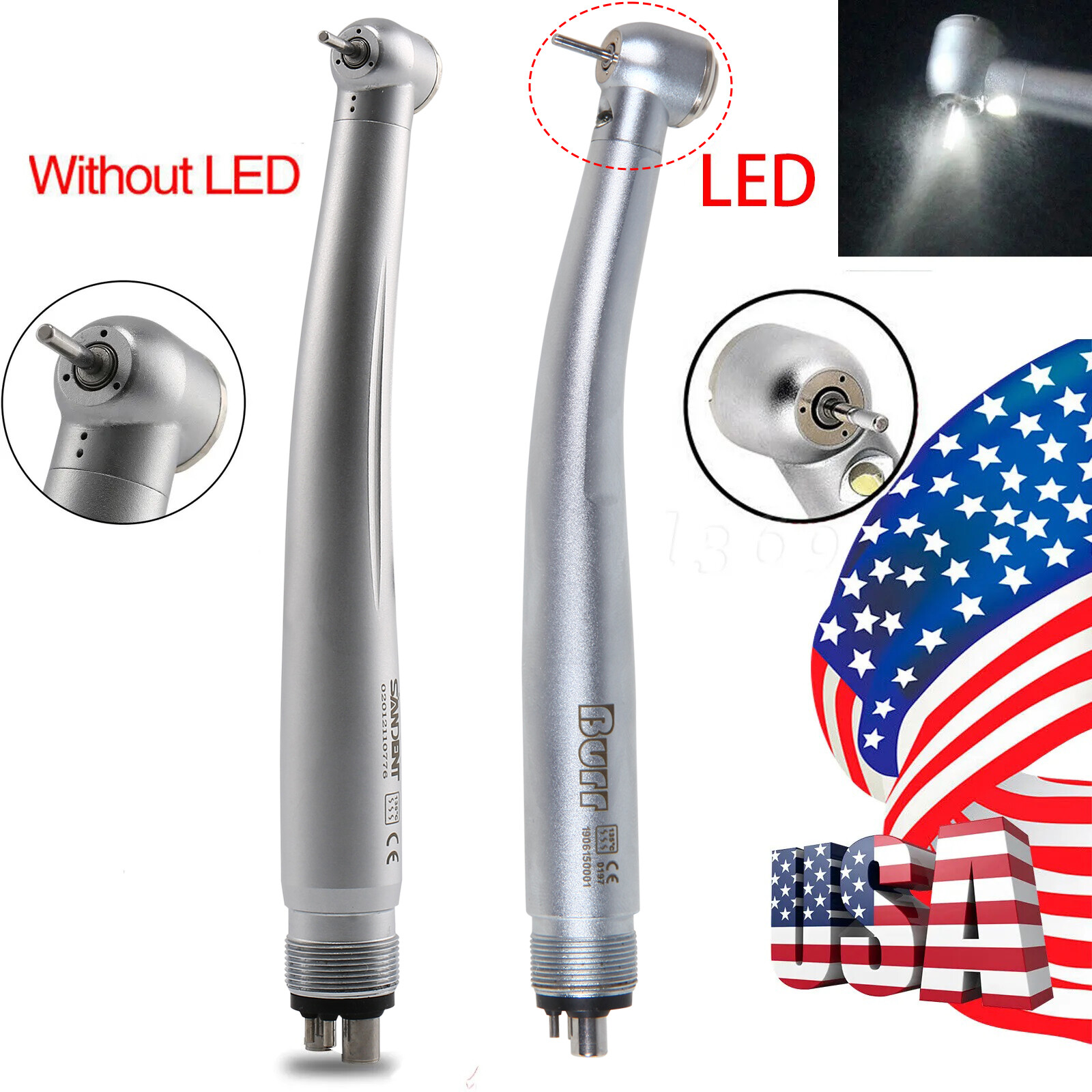 4-Hole Dental Fast High Speed Handpiece|Fiber Optic E-generator LED/No LED US OR