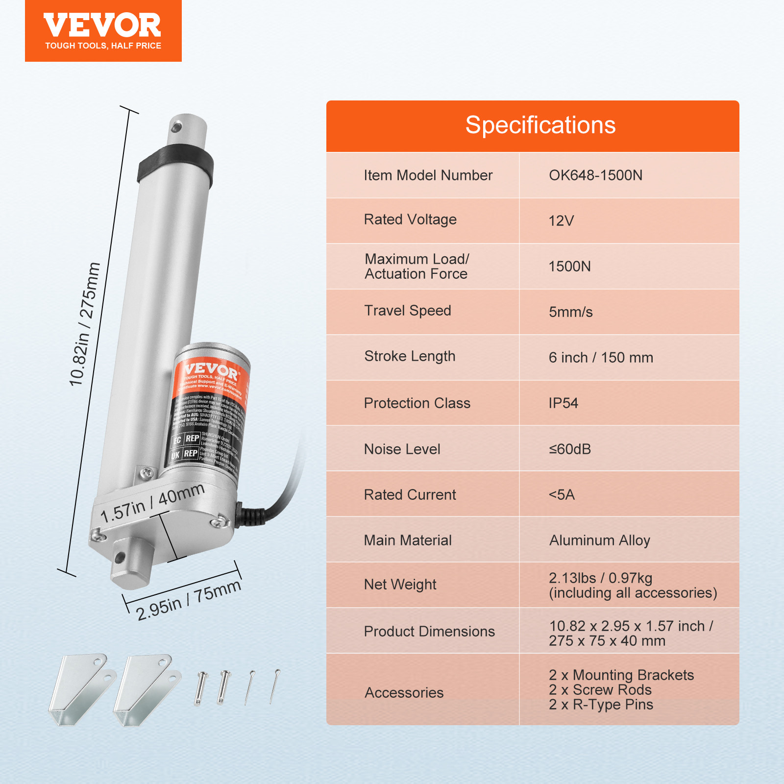 VEVOR Linear Actuator 12V 6 Inch High Load 330lbs/1500N 0.19″/s IP54 Protection