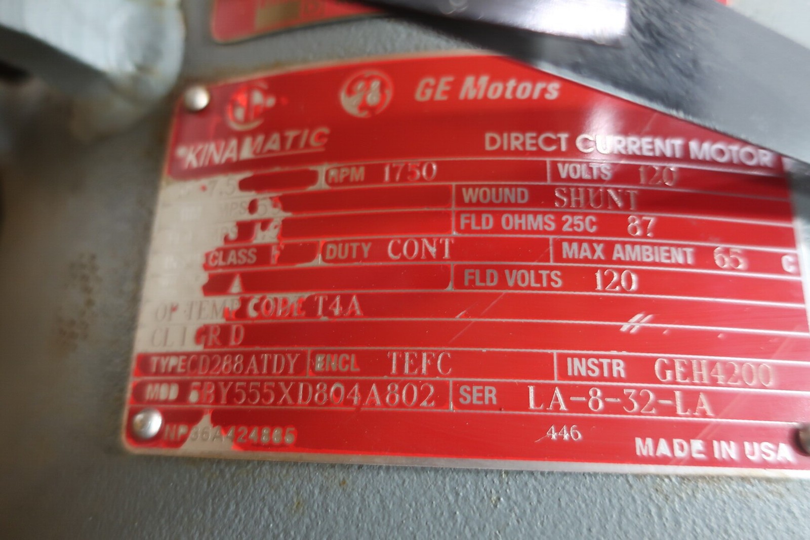 Ge 5BY555XD804A802 Kinamatic Dc Motor Cd288atdy 7.5hp 1750rpm 120v-dc