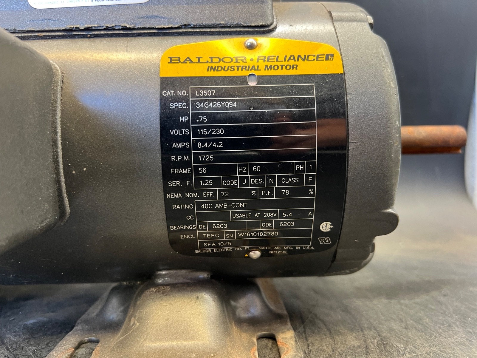 Baldor Reliance Industrial Electric Motor L3507 .75 HP 1725 RPM 34G426Y094
