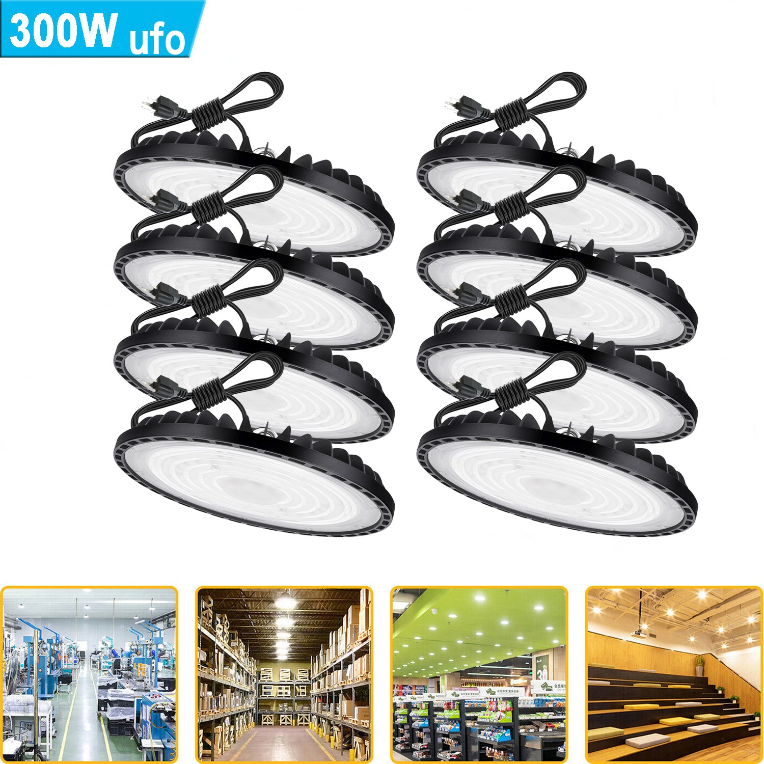 8Pack 300W Led UFO High Bay Light Commercial Industrial Warehouse Gym Shop Light