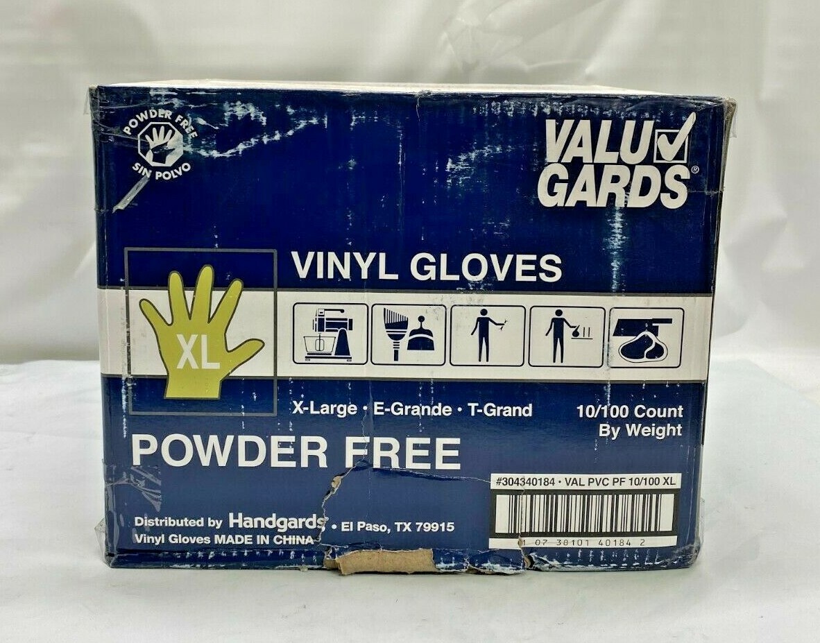 *Case of 10 boxes* Valugards Vinyl Glove, Powder Free, Extra Large, 304340184
