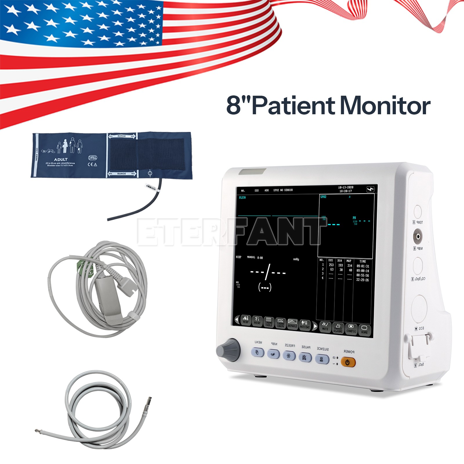ETERFANT 8″ Patient Monitor ICU CCU Vital Signs Machine NIBP, SPO2, PR,TEMP