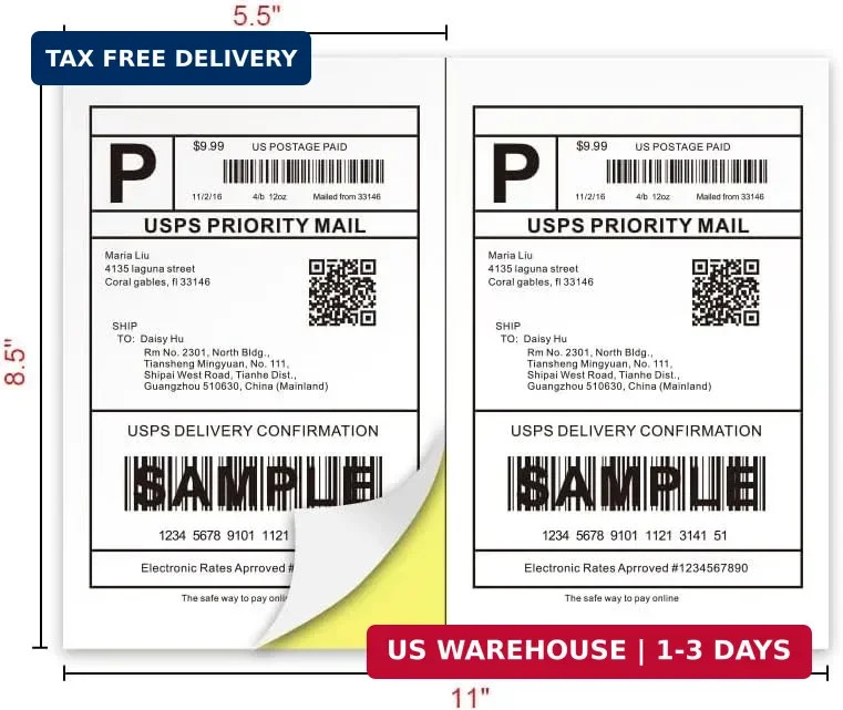 [100 Sheets; 200 Labels] Half Sheet Self Adhesive Shipping Label for Laser & Ink