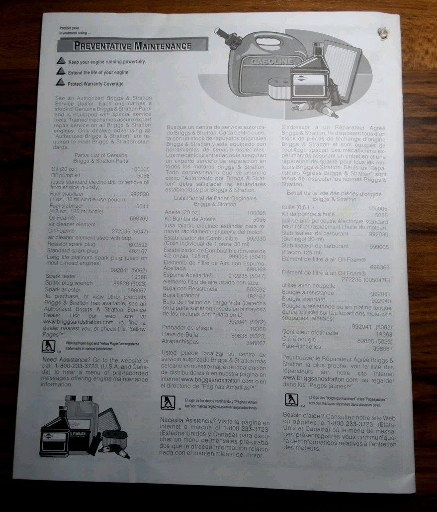 Briggs & Stratton Engines Model 90000 Model 100000 Operating/Maintenance Manual