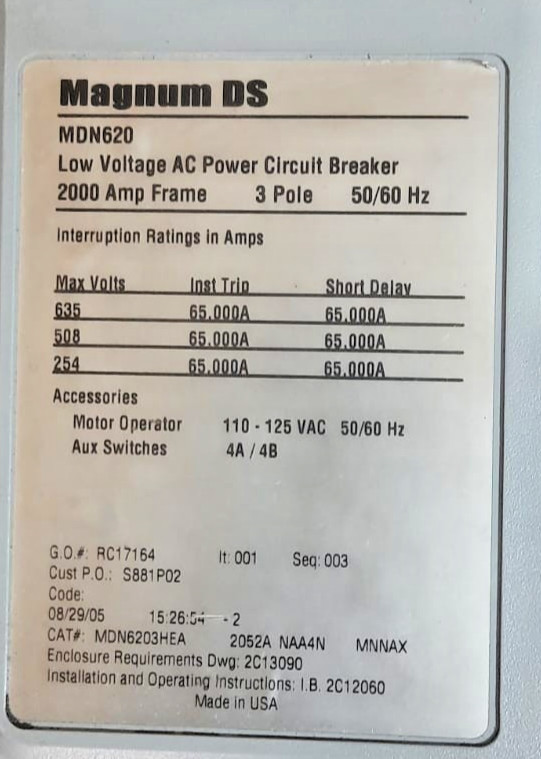 Eaton Cutler-Hammer Magnum DS MDN620 BREAKER – 2000 A – FAST SHIPPING