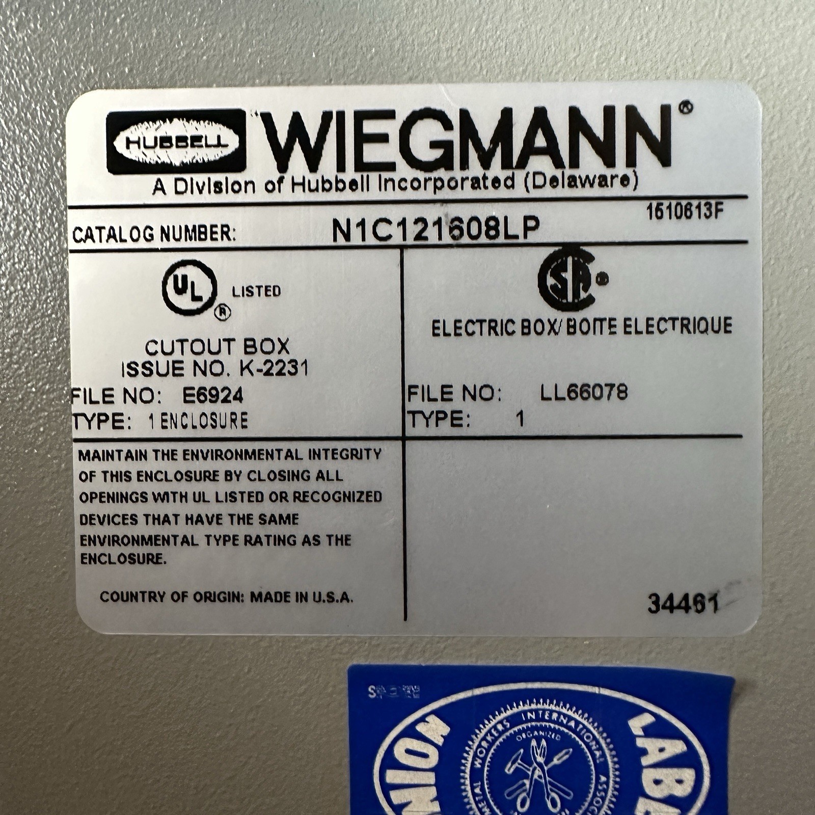 Hubbell-Wiegmann N1C121608LP Enclosure, 12x16x8 NEMA 1 New In Box