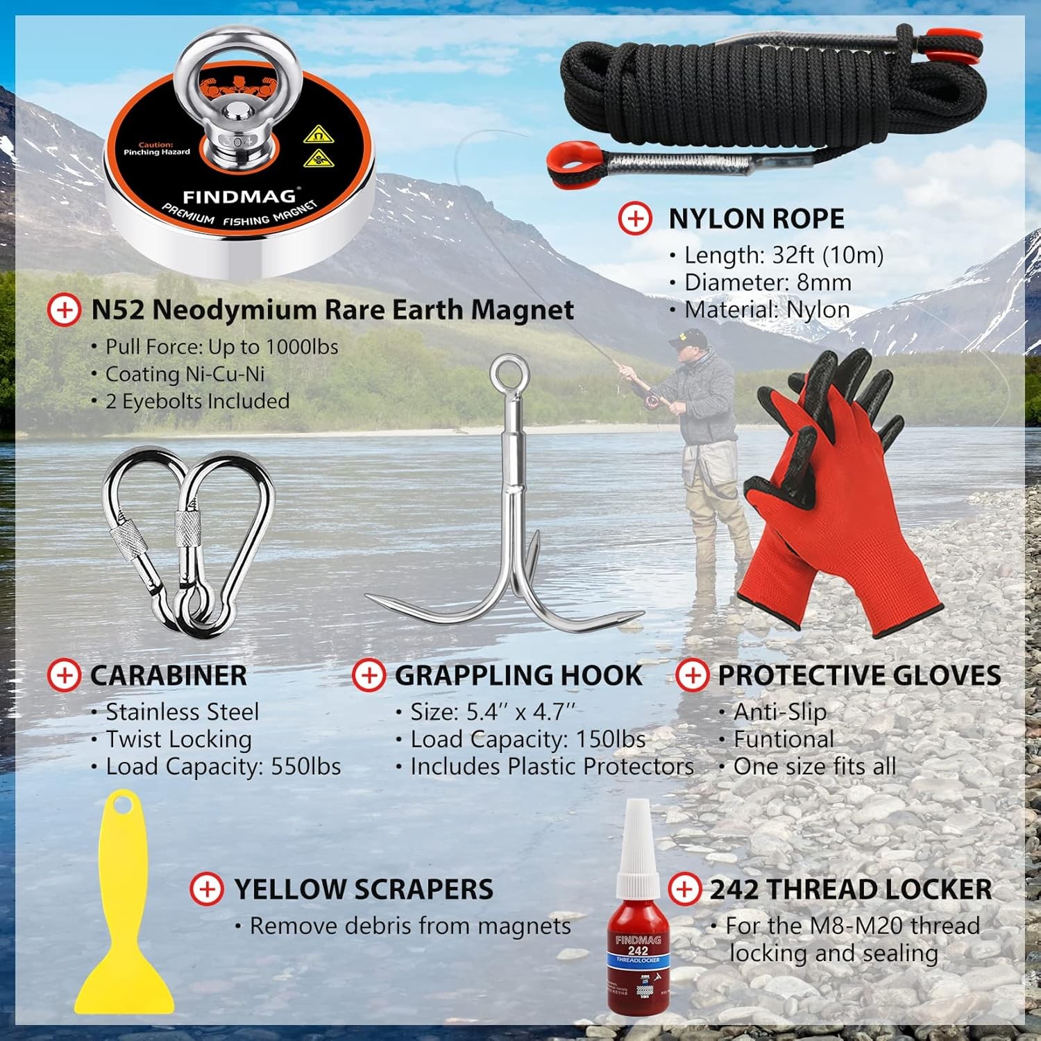 FINDMAG Magnet Fishing Kit with Case Magnets 3.54 in (90mm), black