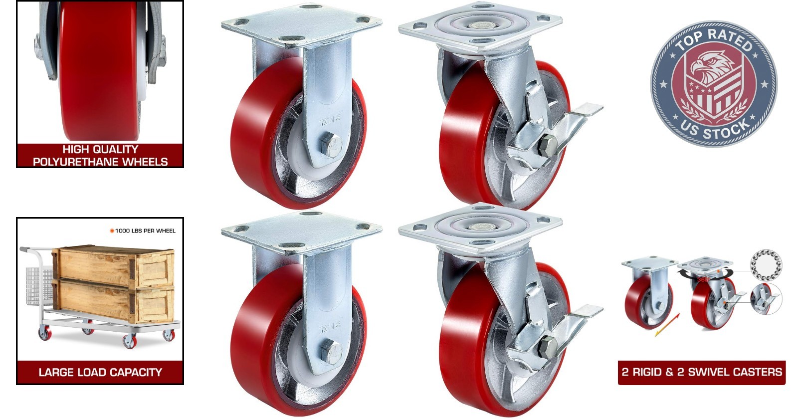 4-Pack 6″ Casters – 2 Rigid & 2 Swivel with Side Brake, 4000lbs Capacity