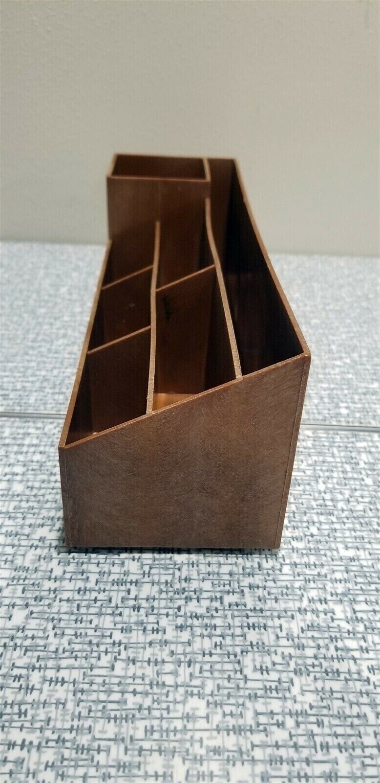 Vintage SMALL PLASTIC Desk ORGANIZER Caddie FAUX Carved WOOD Hong Kong