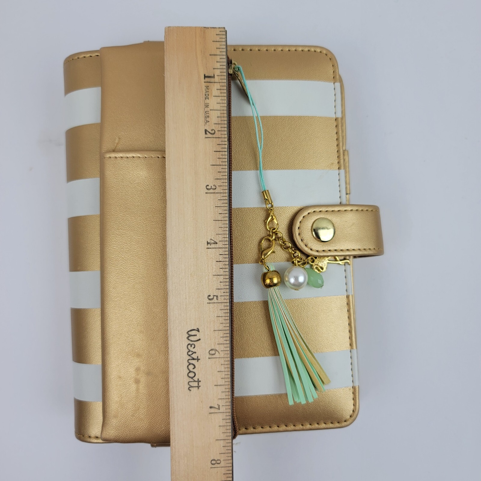Metallic Gold White Stripe Snap Planner Pencil Pouch Stork Tassel Tabs Pages 6×8