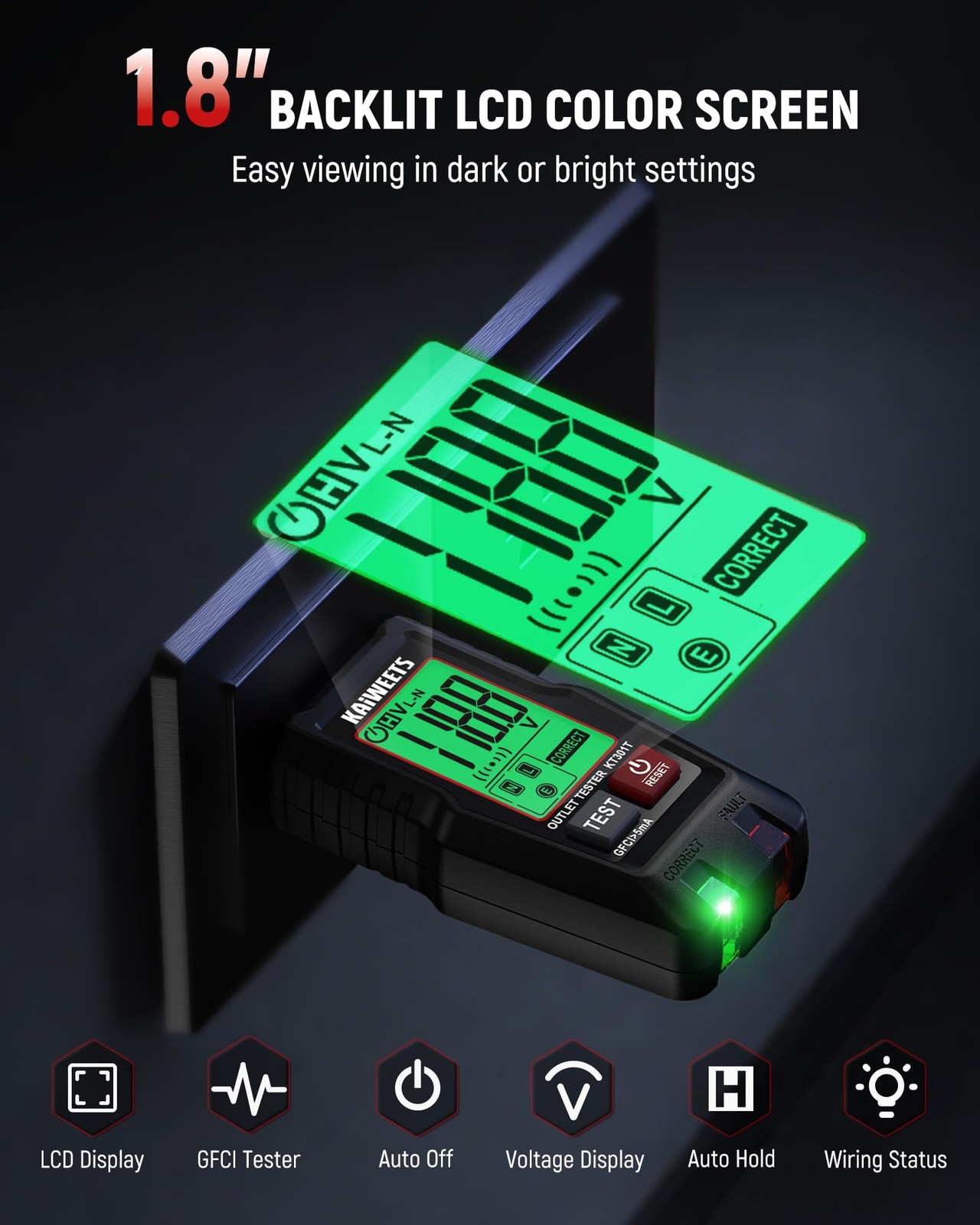 KAIWEETS GFCI Outlet Tester with LCD Display, 3-Prong Receptacle Wiring Detec…