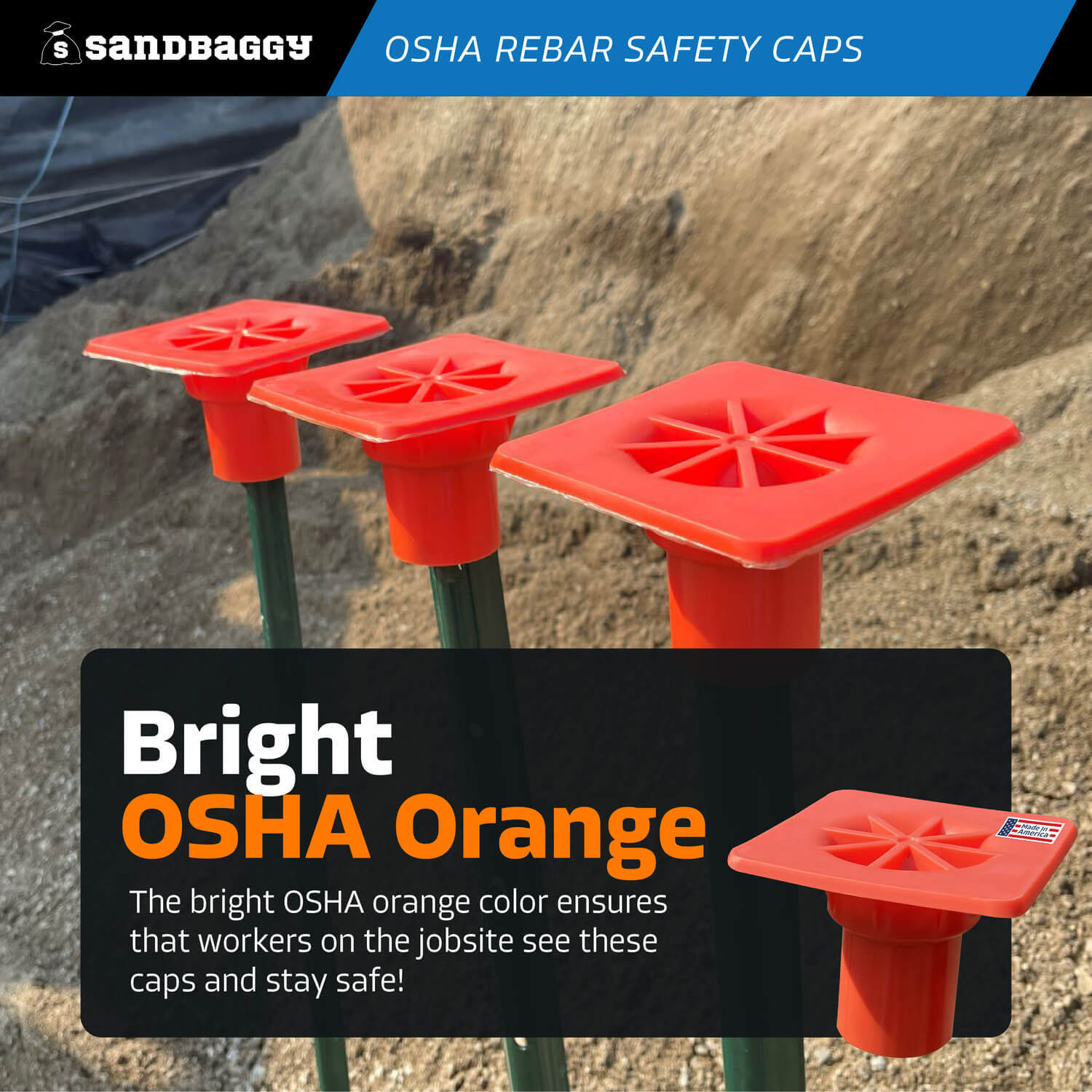 Sandbaggy OSHA Rebar Safety Caps (Impalement Protection) | Rebar #3-8 [USA Made]