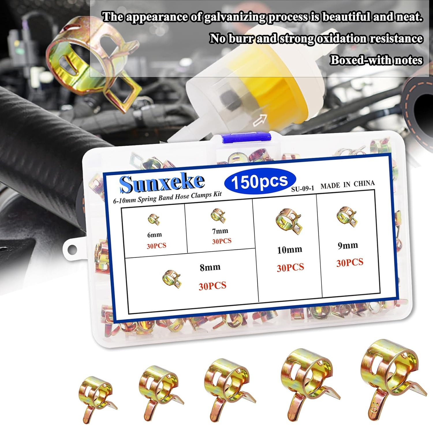 Sunxeke 150Pcs Spring Band Hose Clamps Assortment Kit,5 Sizes Fuel Line Hose
