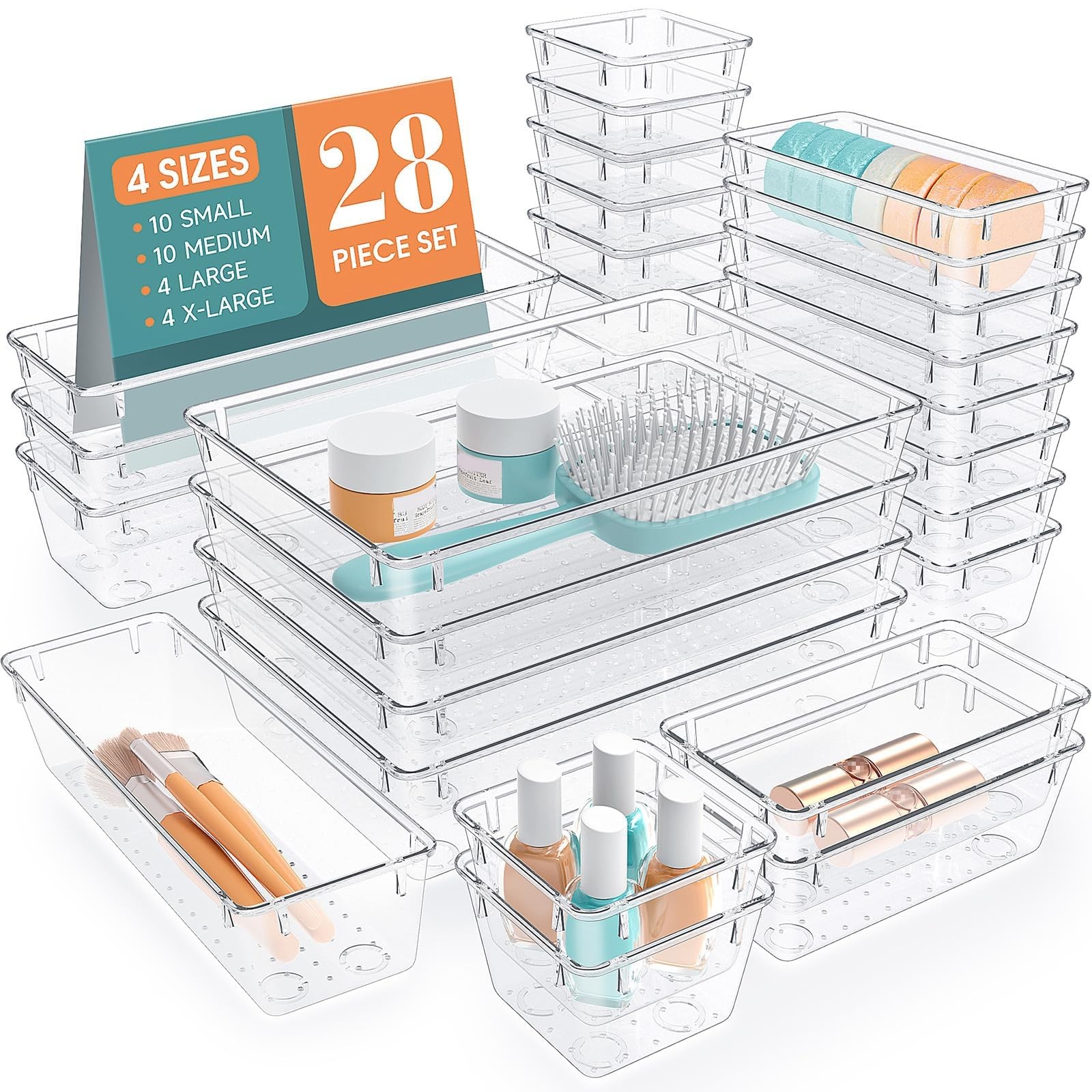 28 PCS Clear Plastic Drawer Organizers Set, 4 Size Desk Drawer Organizer Tray…
