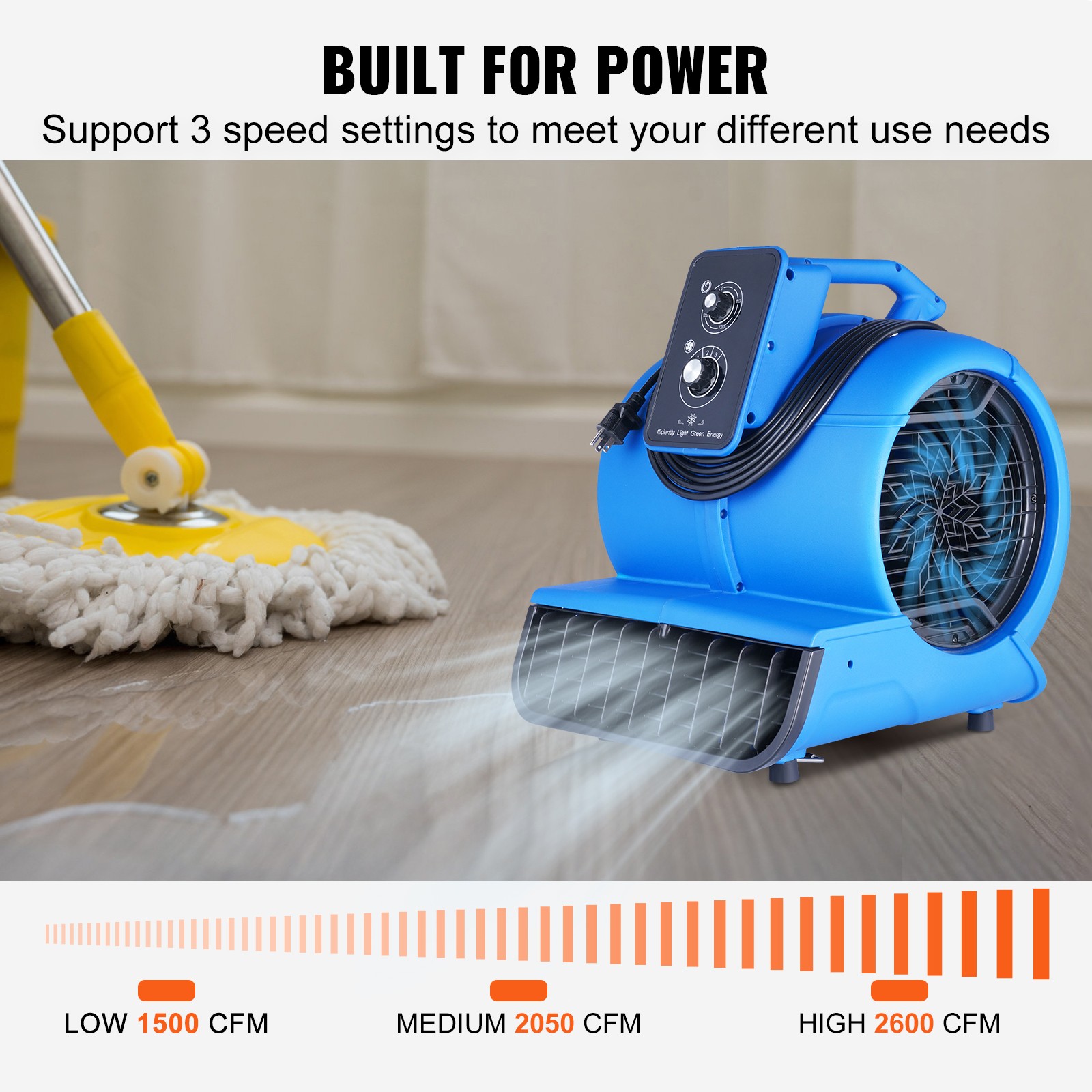 2600 CFM Adjustable Air Mover Carpet Dryer Floor Blower Fan 3-Speed 1/2 HP