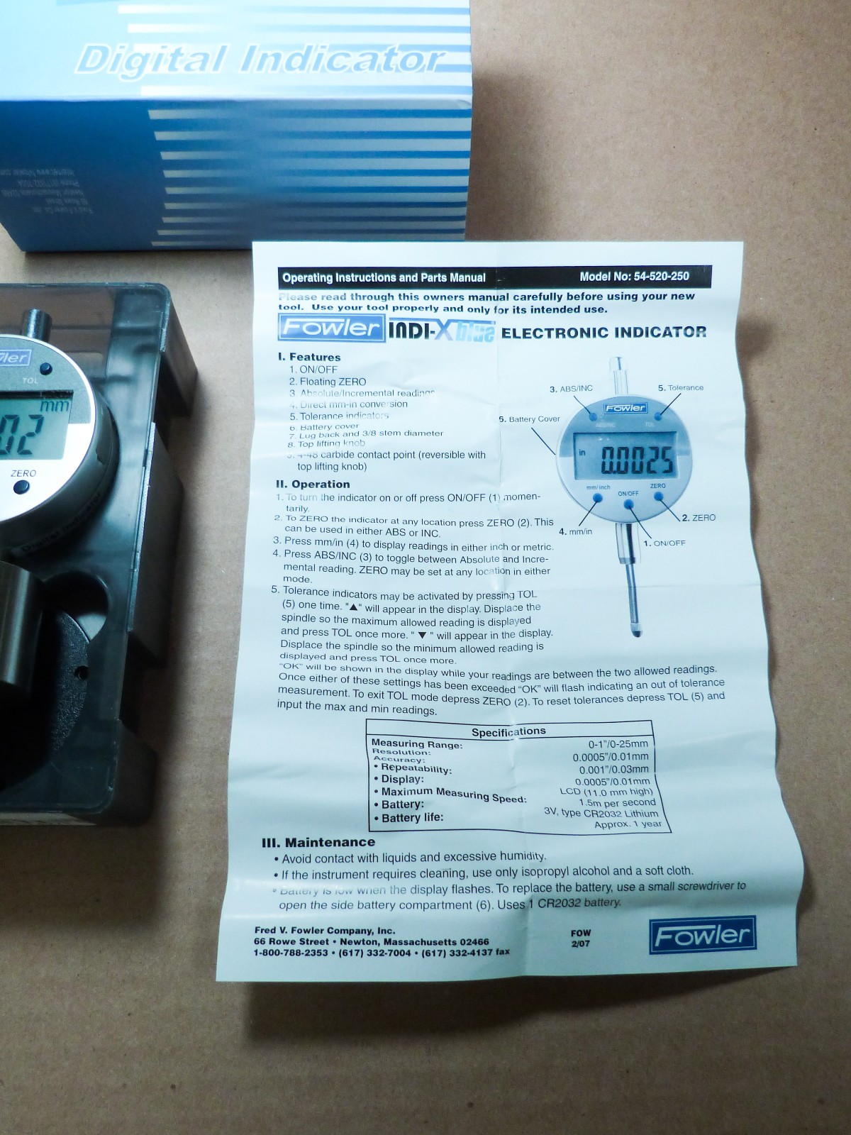 Fowler 54-520-250 Ind-X Blue Digital Indicator with 1.0″/25mm Measuring Range