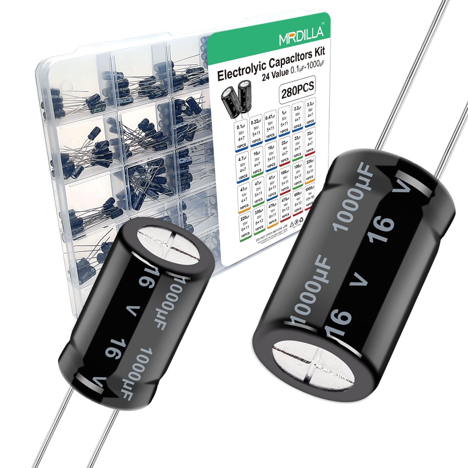 280 Pcs Electrolytic Capacitor Assortment Kit, 24 Values 0.1uF–1000uF Aluminu…