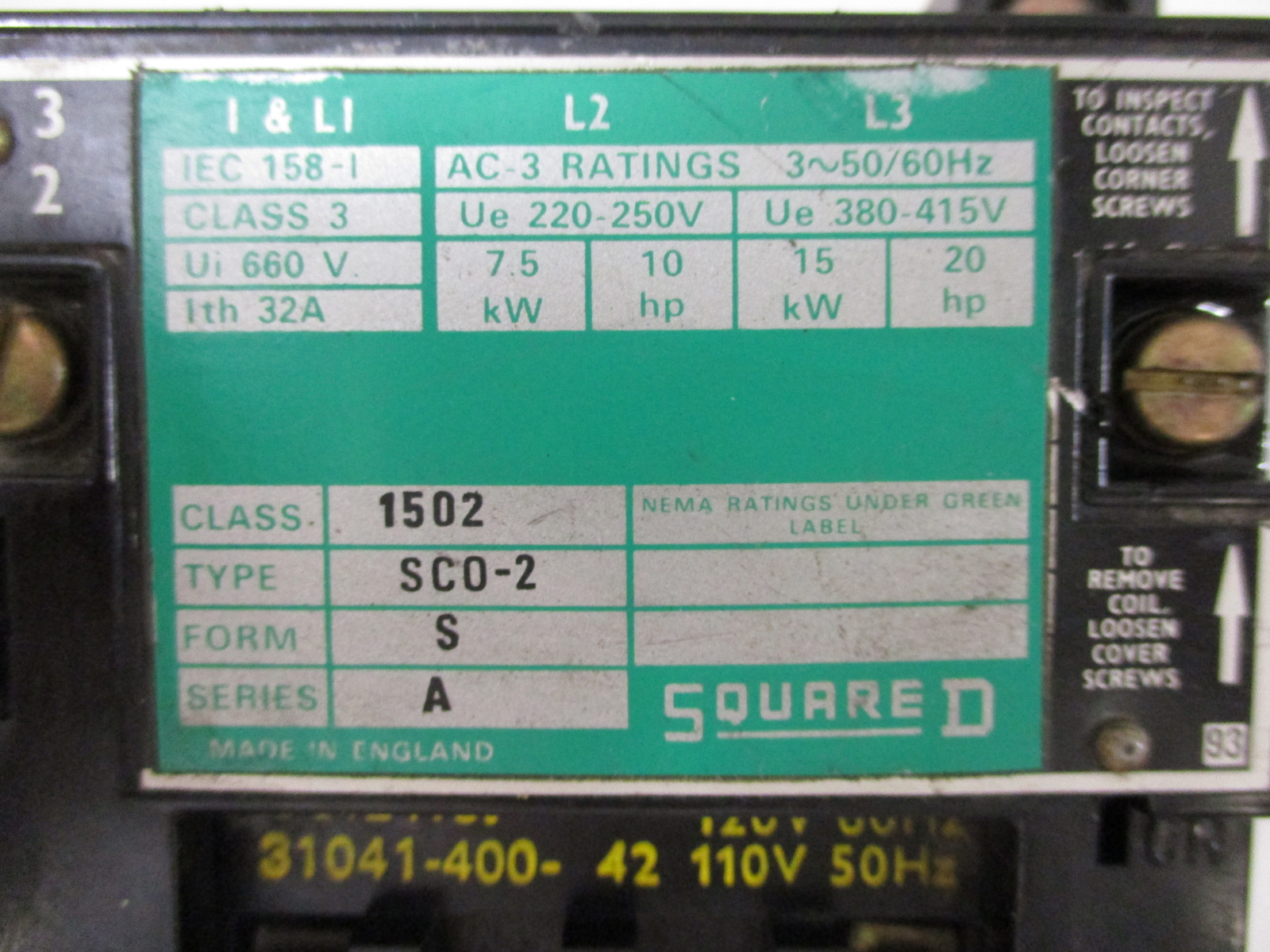 SQUARE D CLASS 1502 SCO2 FORM S SERIES A STARTER w/COIL 31041-400-42