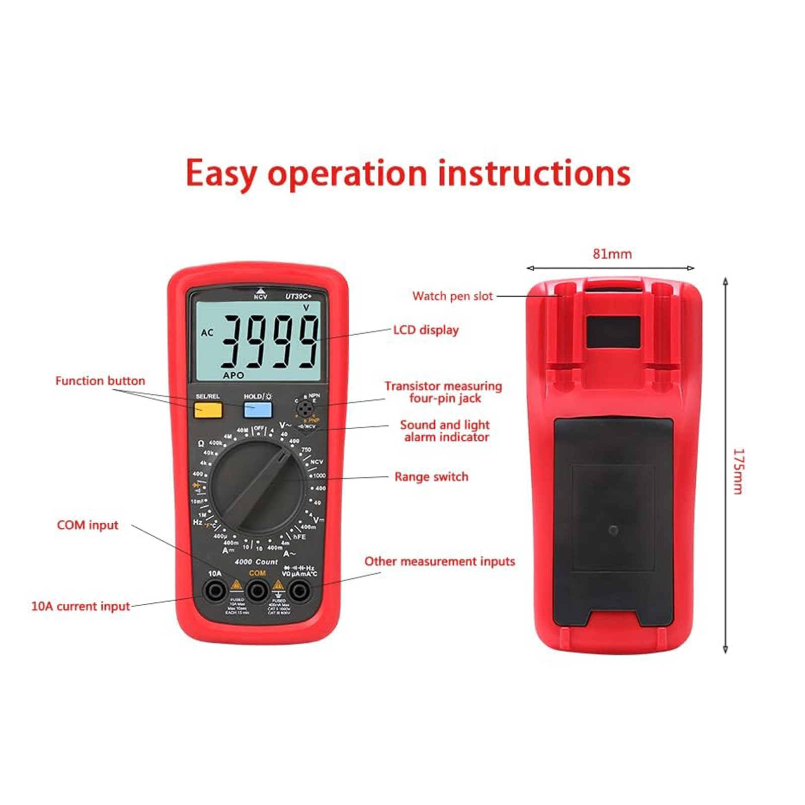 UT39C+ Digital Multimeter Auto Range LCD Backlight Data Hold Multimetro Tester