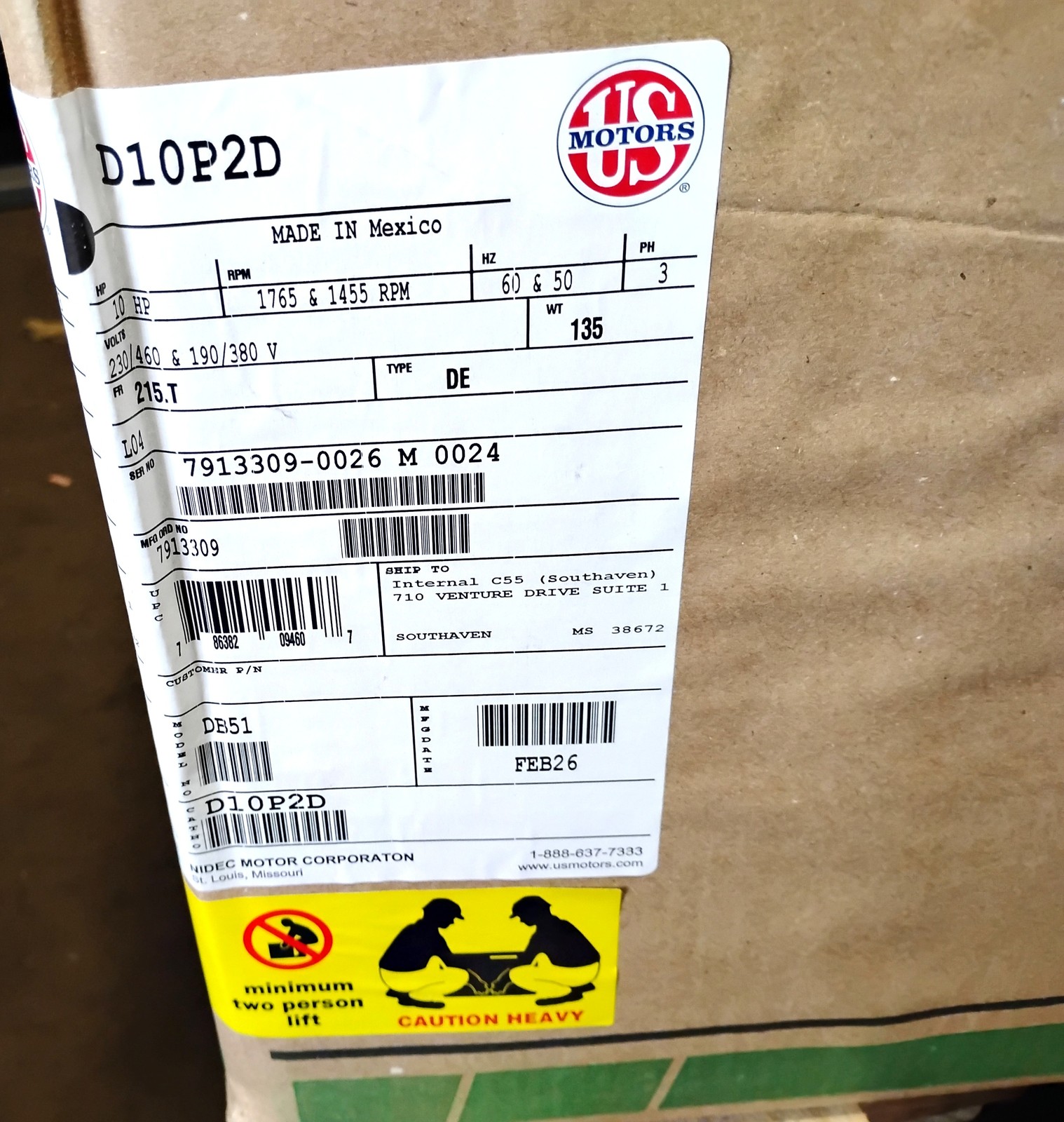 NIDEC US Motors D10P2D 230/460 190/380 V 10 HP 1455/1765 RPM 215T ODP Motor