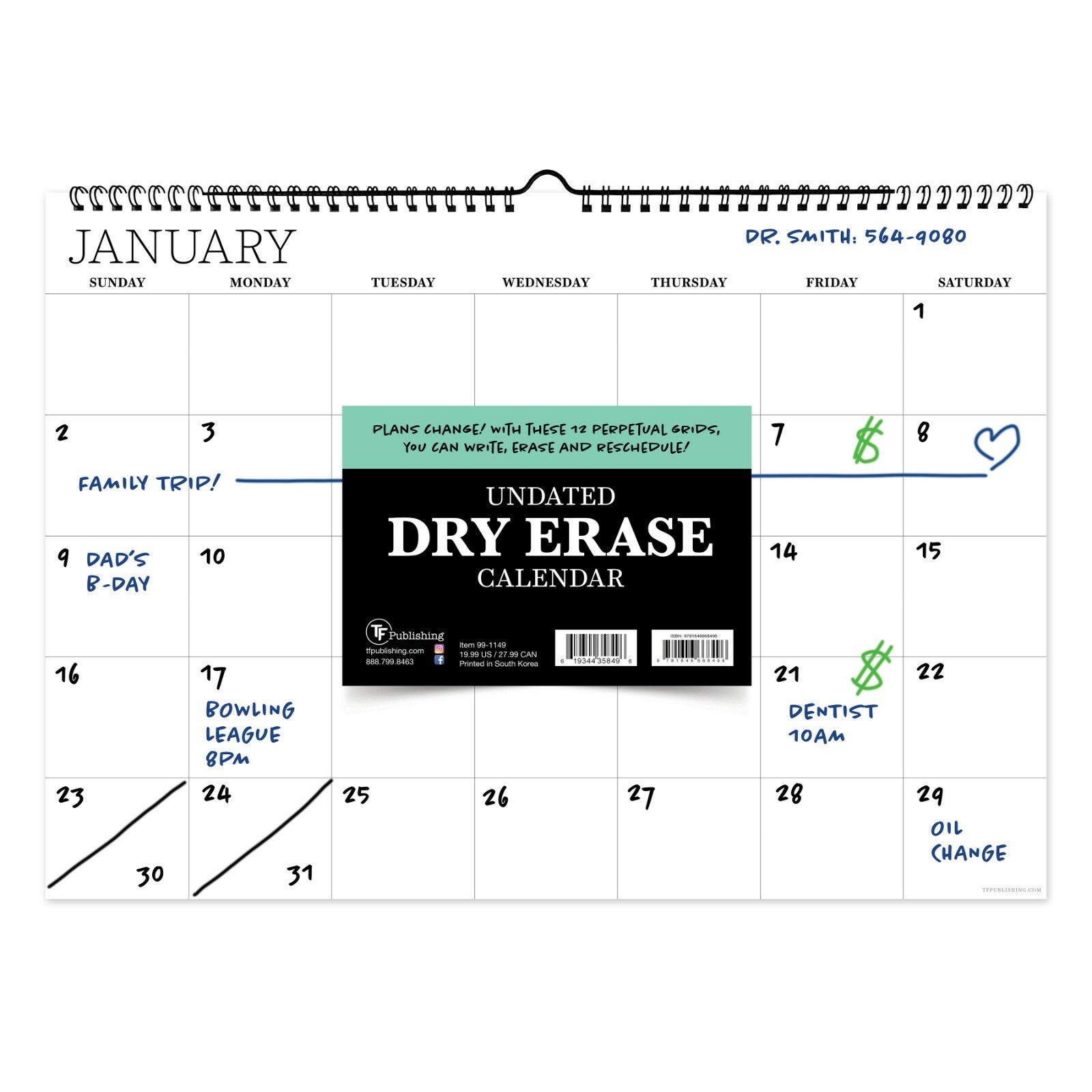 Undated 17″ x 12″ Dry Erase Medium Wire-o Hanging Horizontal Wall Calendar