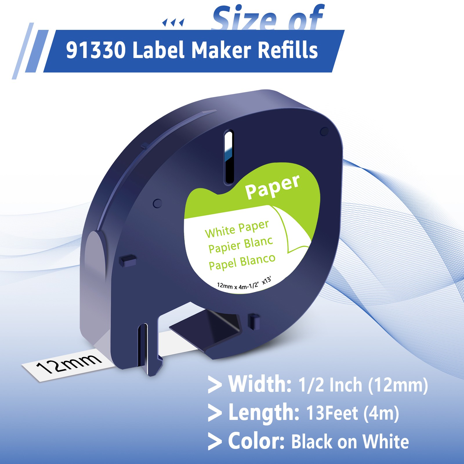 5PK LT91330 Paper Refills Black on White Tape For DYMO LetraTag 100H 12mm Label