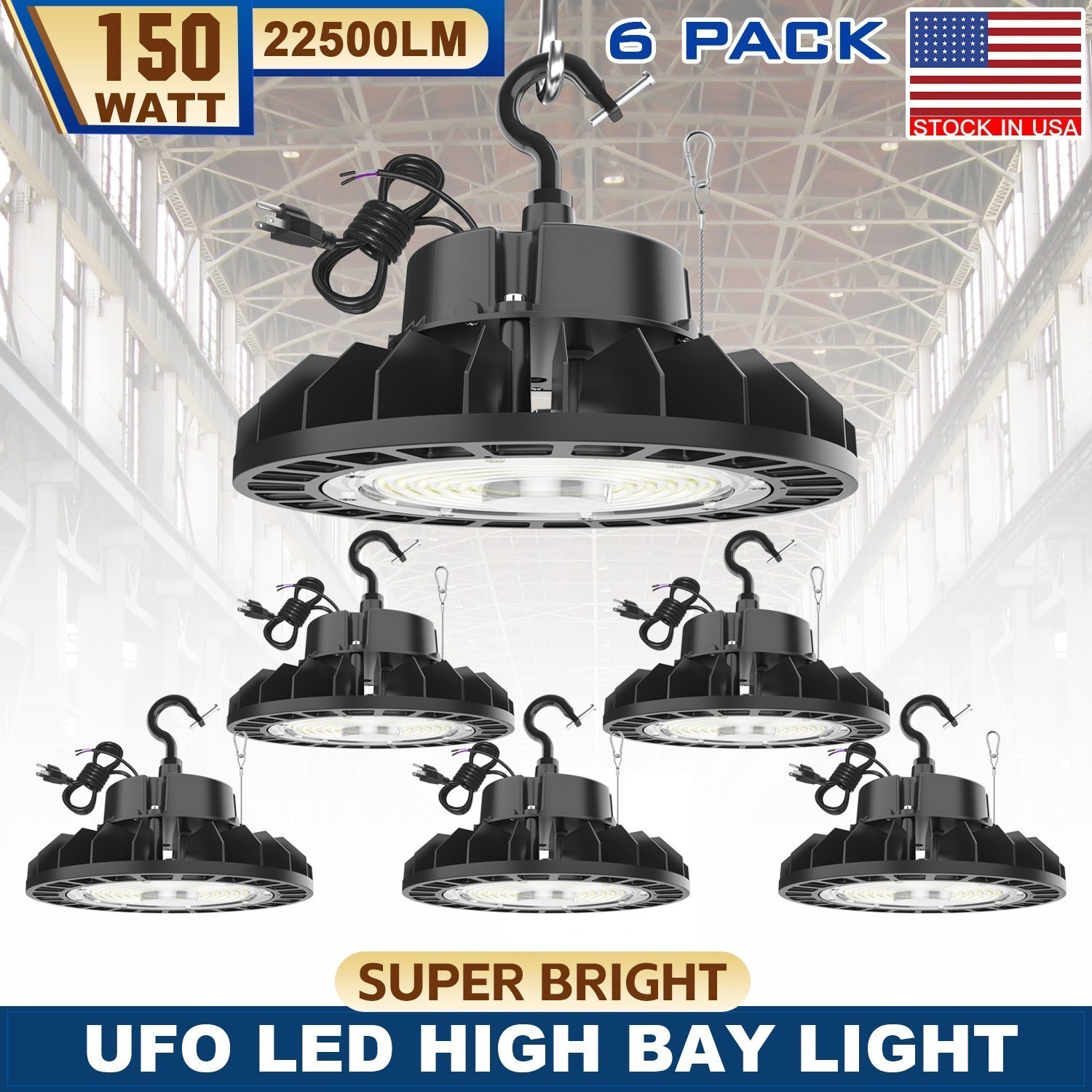 6 PACK 150W UFO Led High Bay Light Industrial Warehouse LED Shop Light 22,500LM