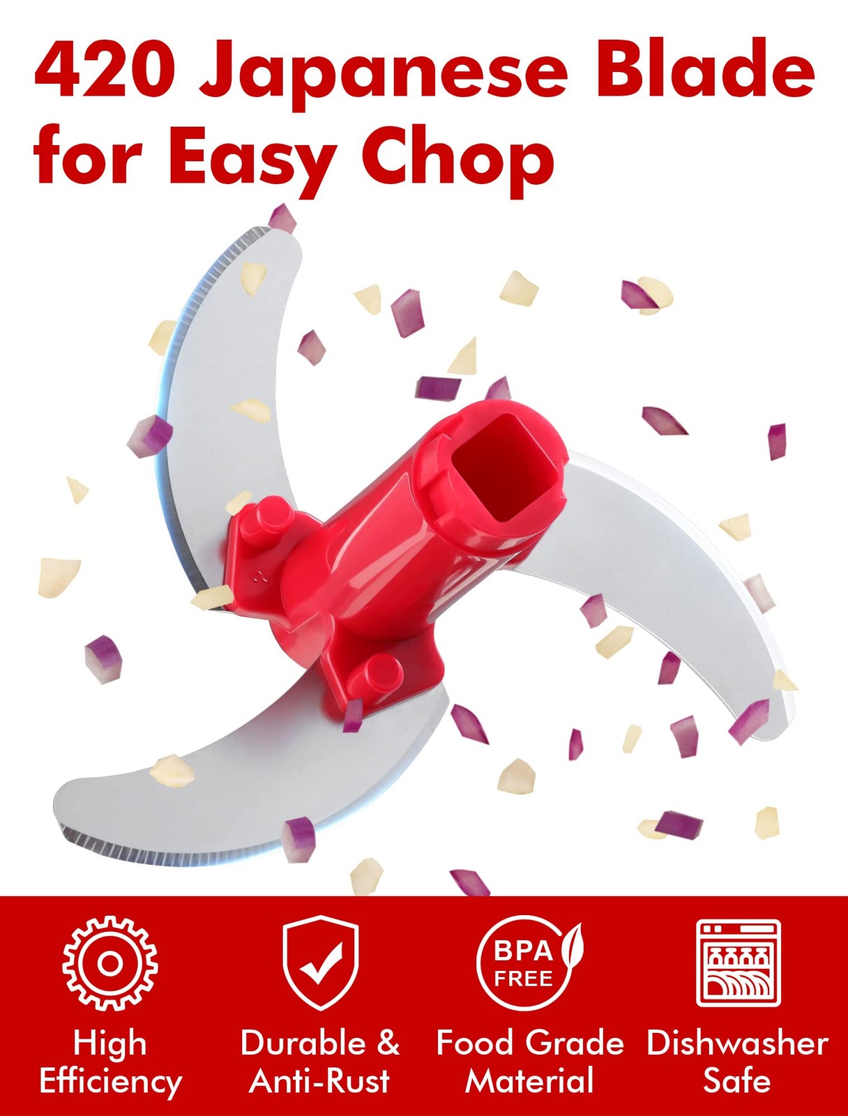 GDL Food Chopper, Pull Onion Chopper Dicer, Hand Powered 3.4 cup, Red