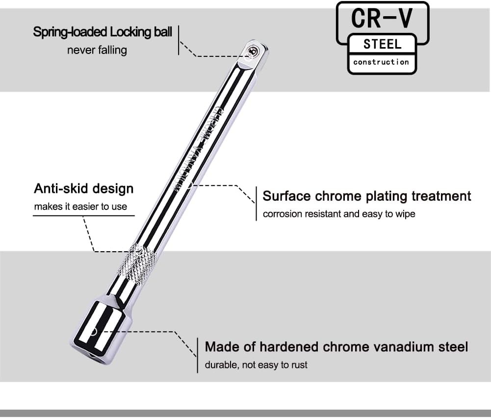 4-Piece 3/8 Inch Drive Extension Bar Set, Includes 3, 6, 3/8″ Drive, Silver