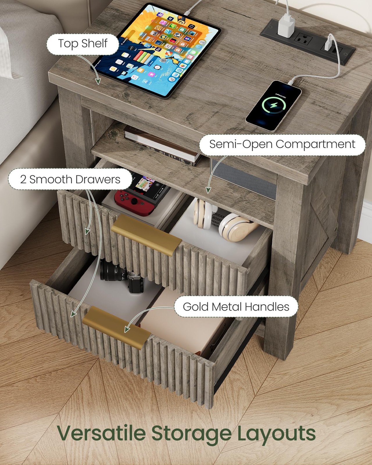 Fluted Nightstand Set of 2 with Charging Station and 2 Drawers