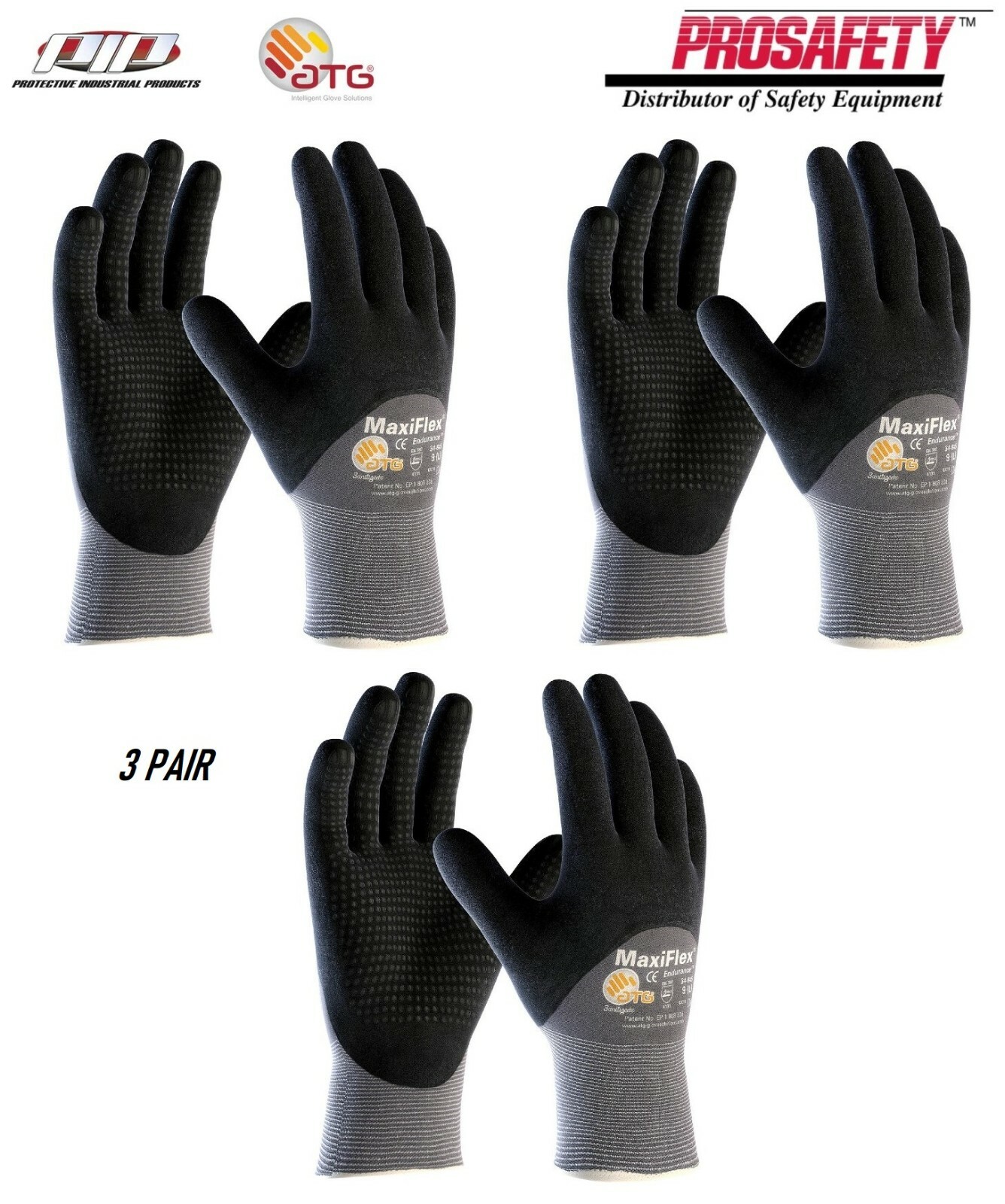 3- PIP 34-845 MaxiFlex Coated Dotted Palms Nitrile Grip PROTECTIVE WORK GLOVES