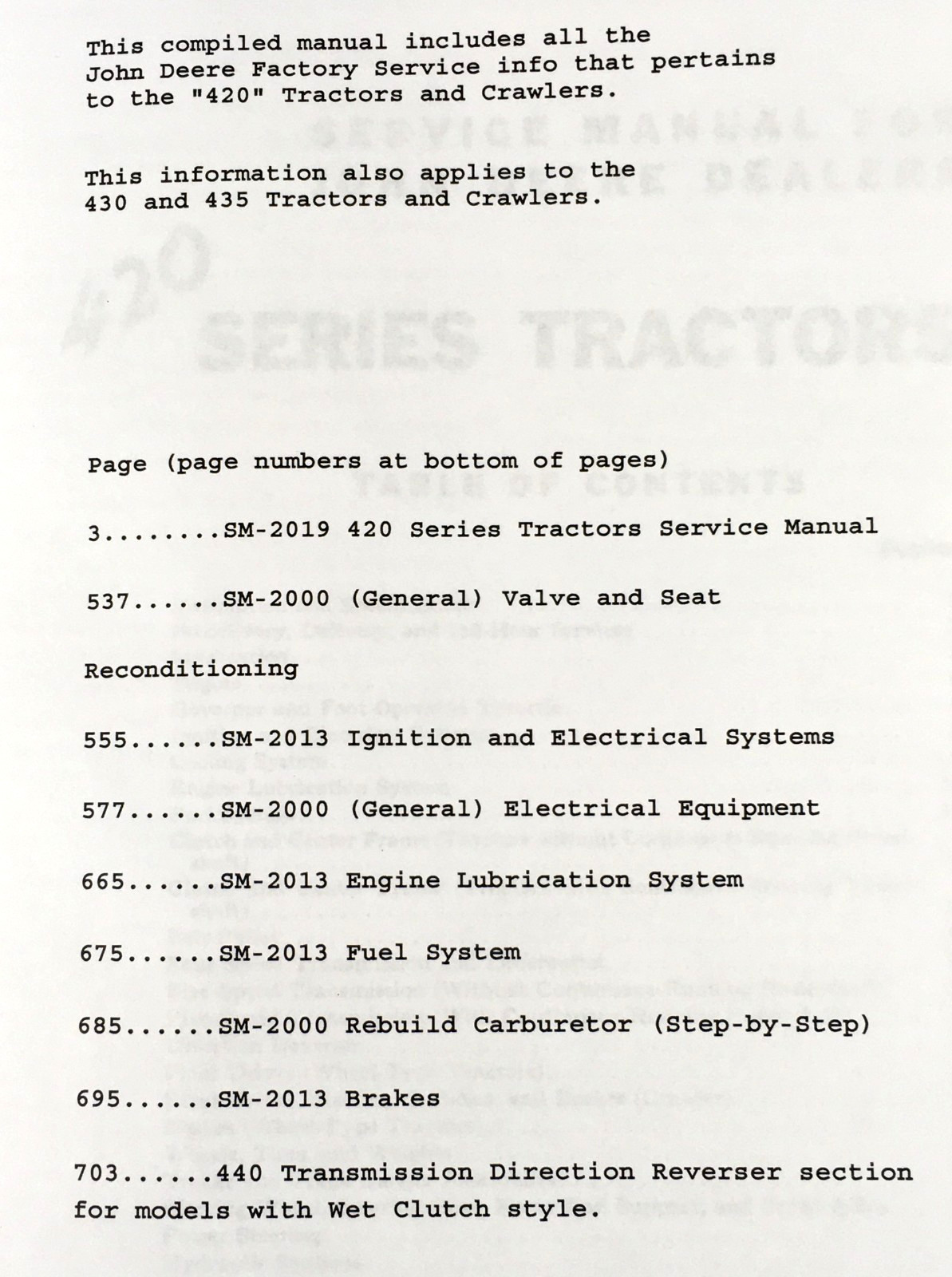 Master Service Manual fits John Deere 420 430 Tractor Technical Repair Shop Book