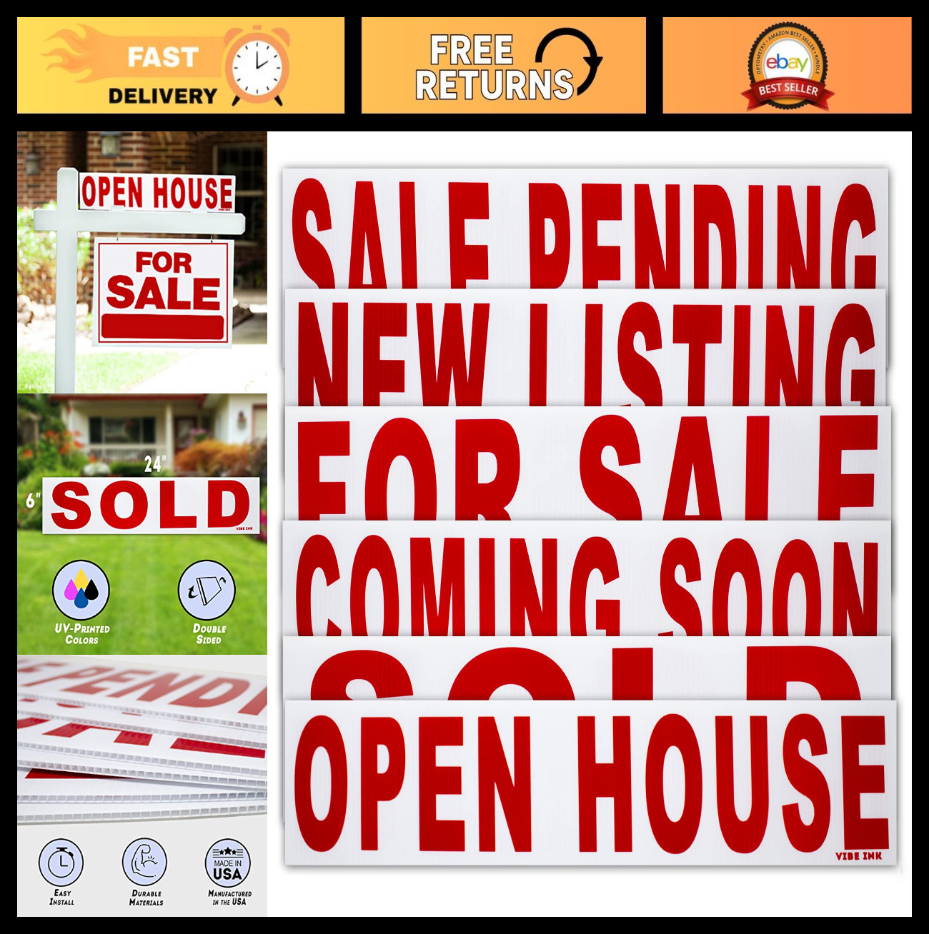 6 Pack Real Estate Rider Signs 6×24″ – For Sale, Open House, Sold, New Listing –