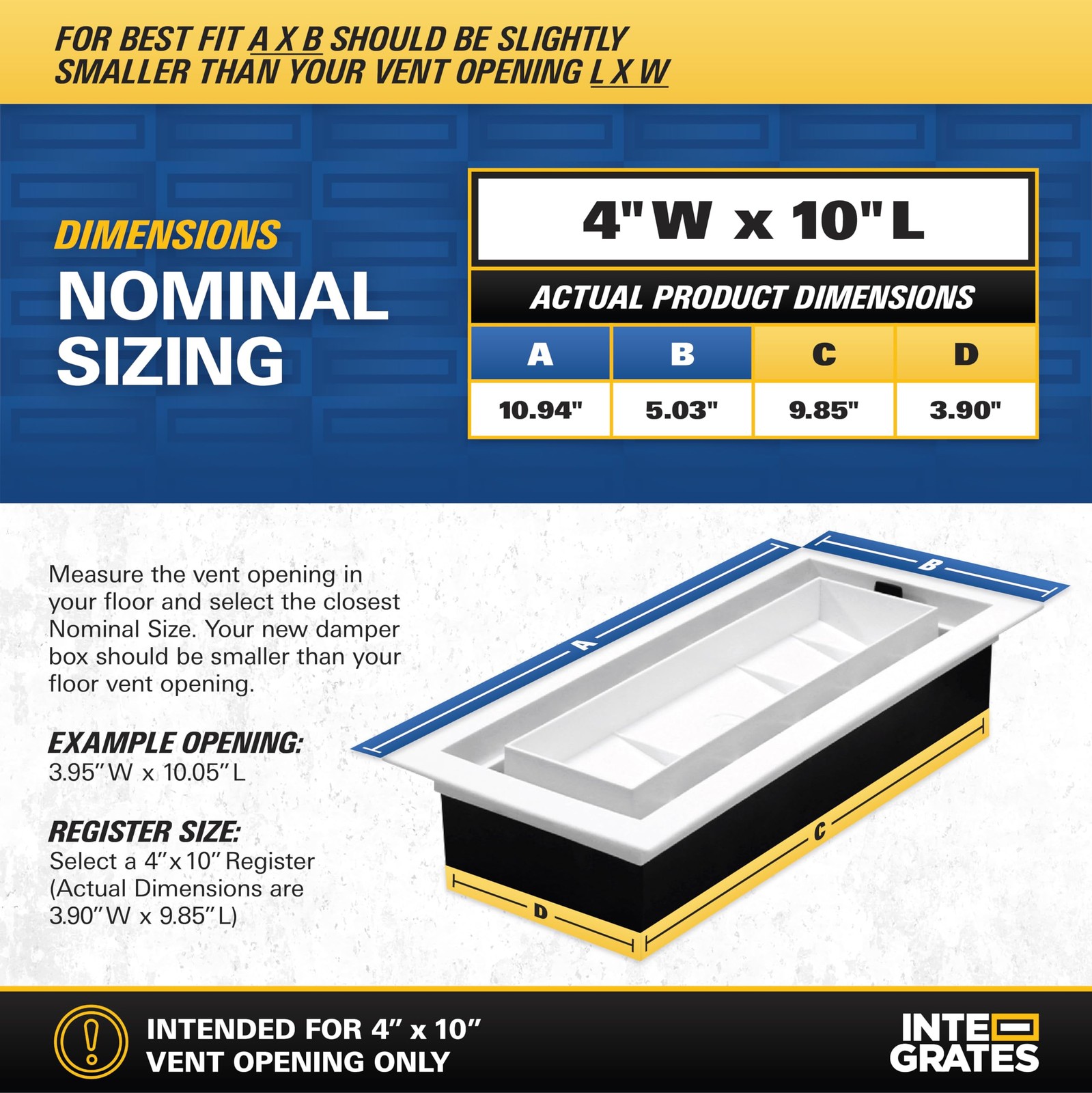 Inte-Grates Drop-in Matching Floor Register – 4×10 Inch Floor Vent Cover, Fits