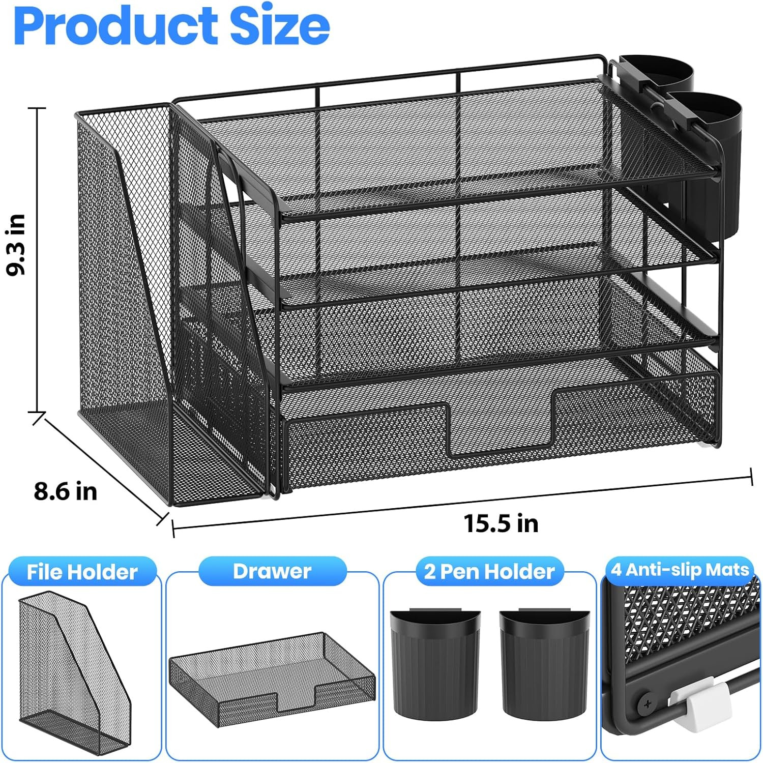 Desk Organizer, 4-Tier Desktop File Organizer with Drawer and Pen Holders, Offic