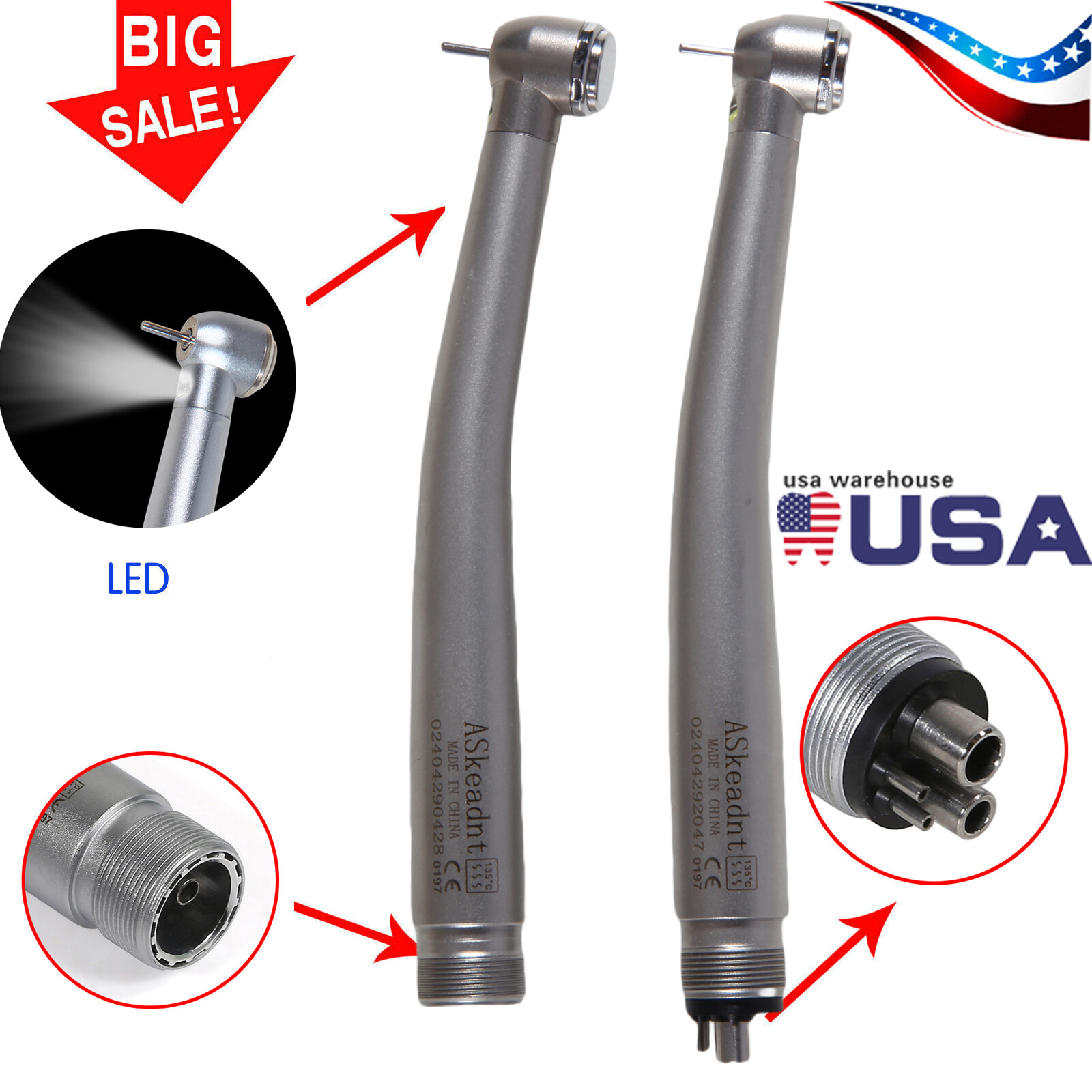 Dental LED Handpiece High Speed Push Button 2/4 Hole Fiber Optic with Light