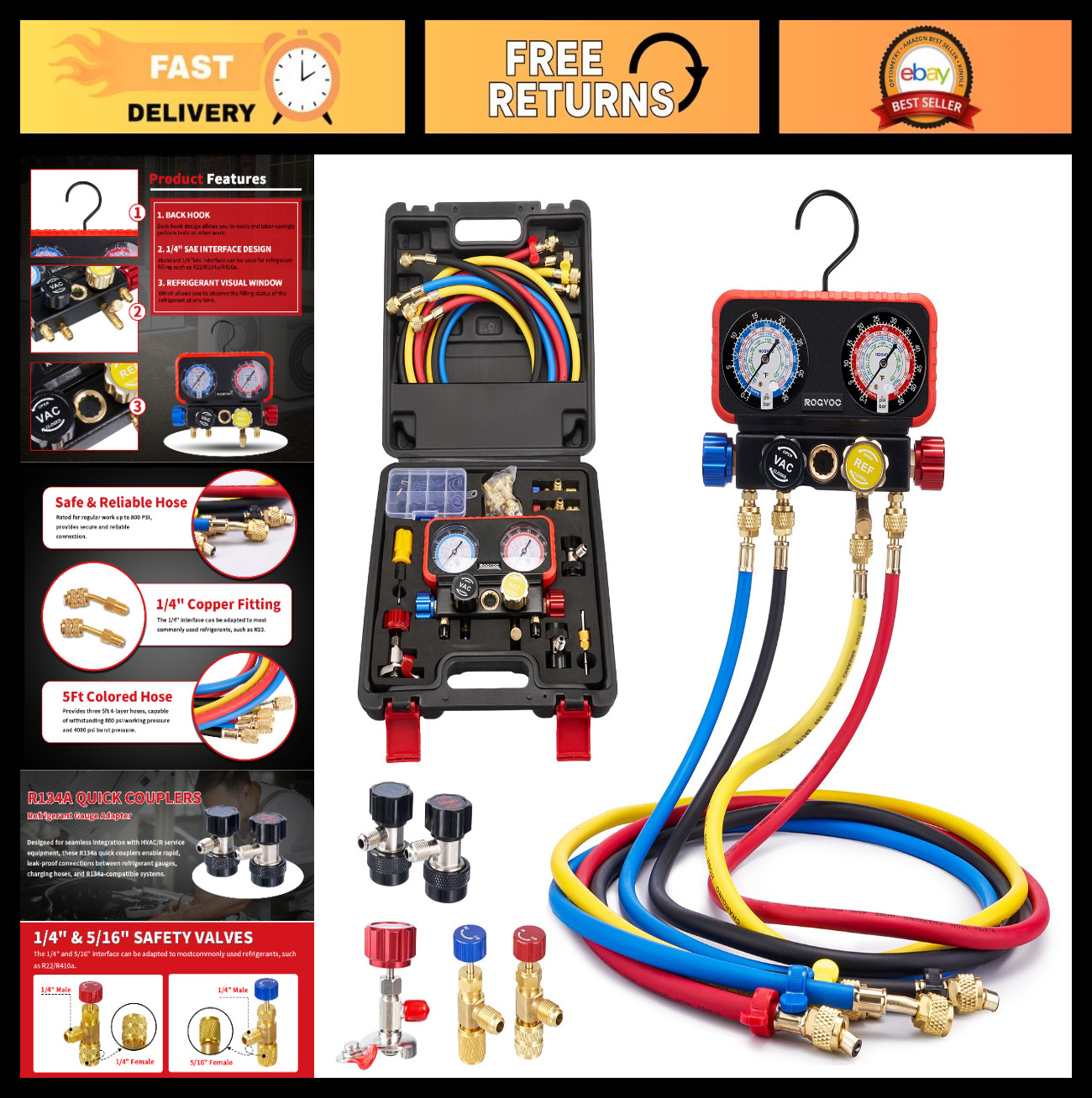 4-Way Manifold Gauge Set for R22/R410A/R134A | AC Charging Gauges, Quick Adapter